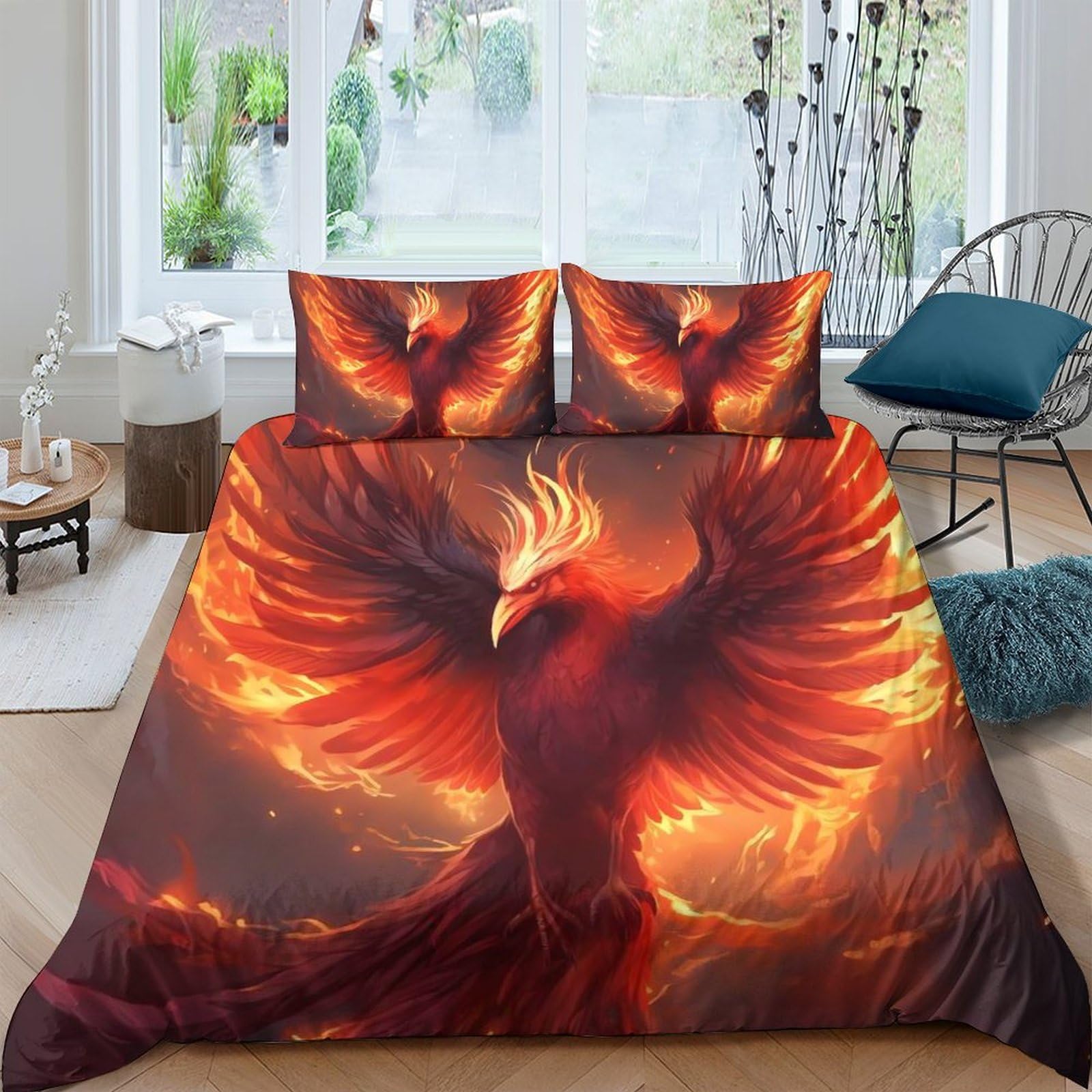 Ctjqhvkz Style-9 3D Printed Fire Phoenix Fitted Sheet Microfiber Vibrant Flame Wings Bed Cover Anti-Slip For Bedroom Guestroom Decor Single（135X200cm）