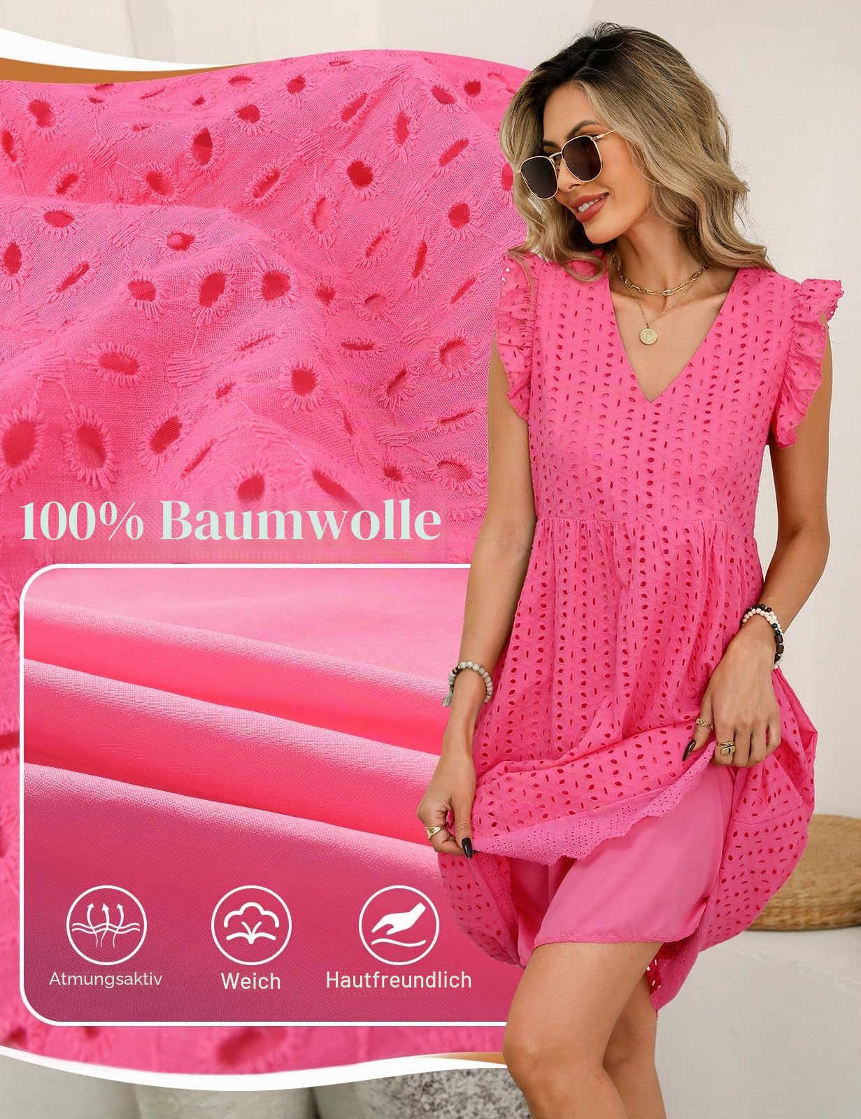 Sommerkleid Damen Lang V Ausschnitt Baumwolle Kleider Sommer Leicht A-Linien-Midikleid Freizeitkleid Damenkleider Lockeres Strandkleid mit Tasche