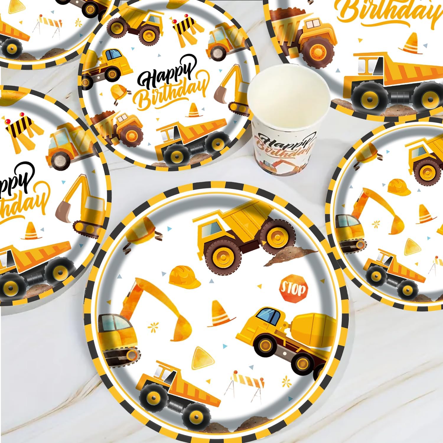 194Pcs Construction Plates Birthday Party Supplies Decorations Serve 24 | Includes Napkins Cups Tablecloth and Banner | Boys Construction Themed Birthday Party - Image 7