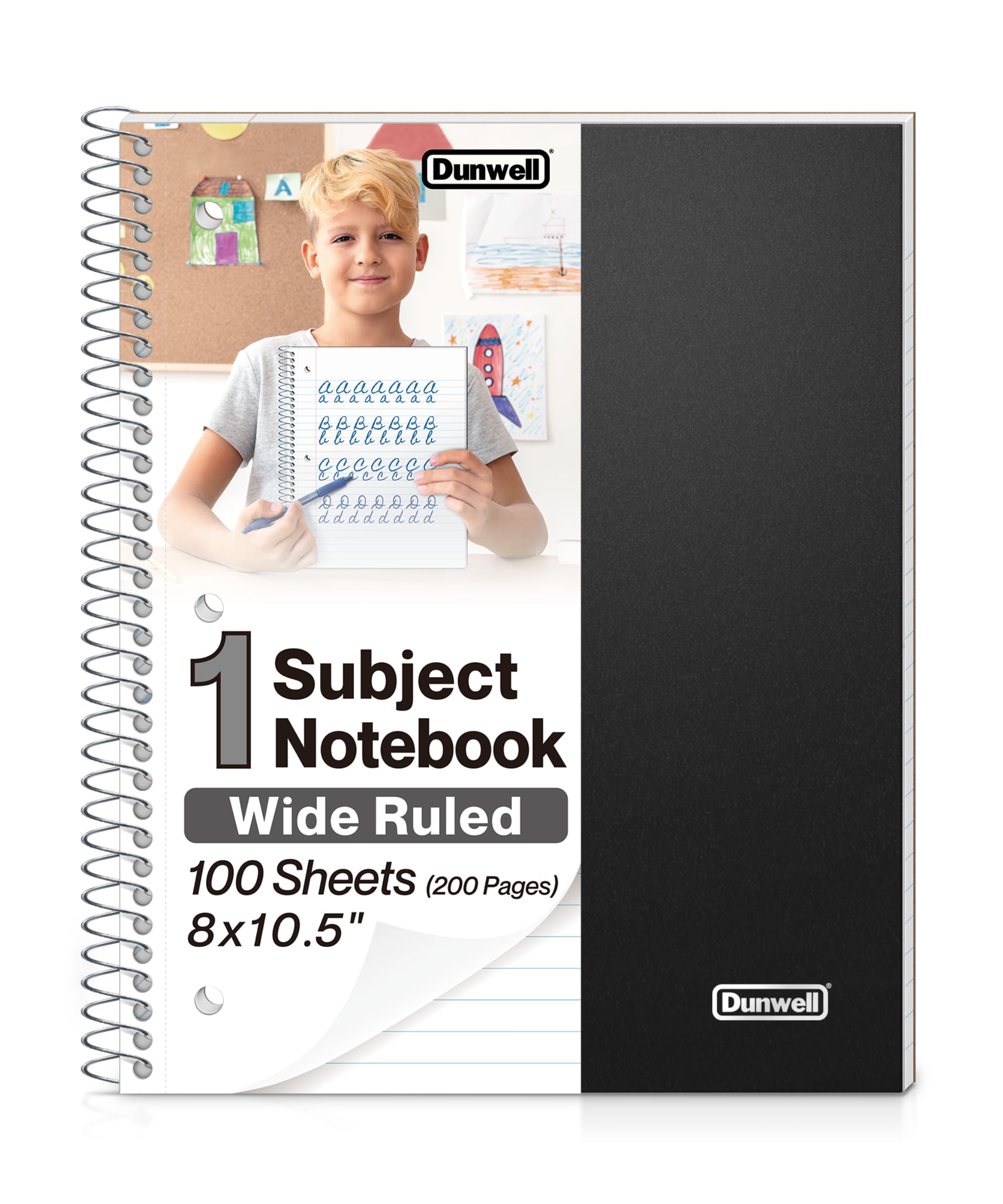 1 Subject Spiral Notebook (Black), Plastic Cover, 100 Sheets (200 Pages) 8x10.5 Paper, Wide Ruled for Easy Writing, 3-Hole Punched Perforated Pages, Poly Pocket Dividers