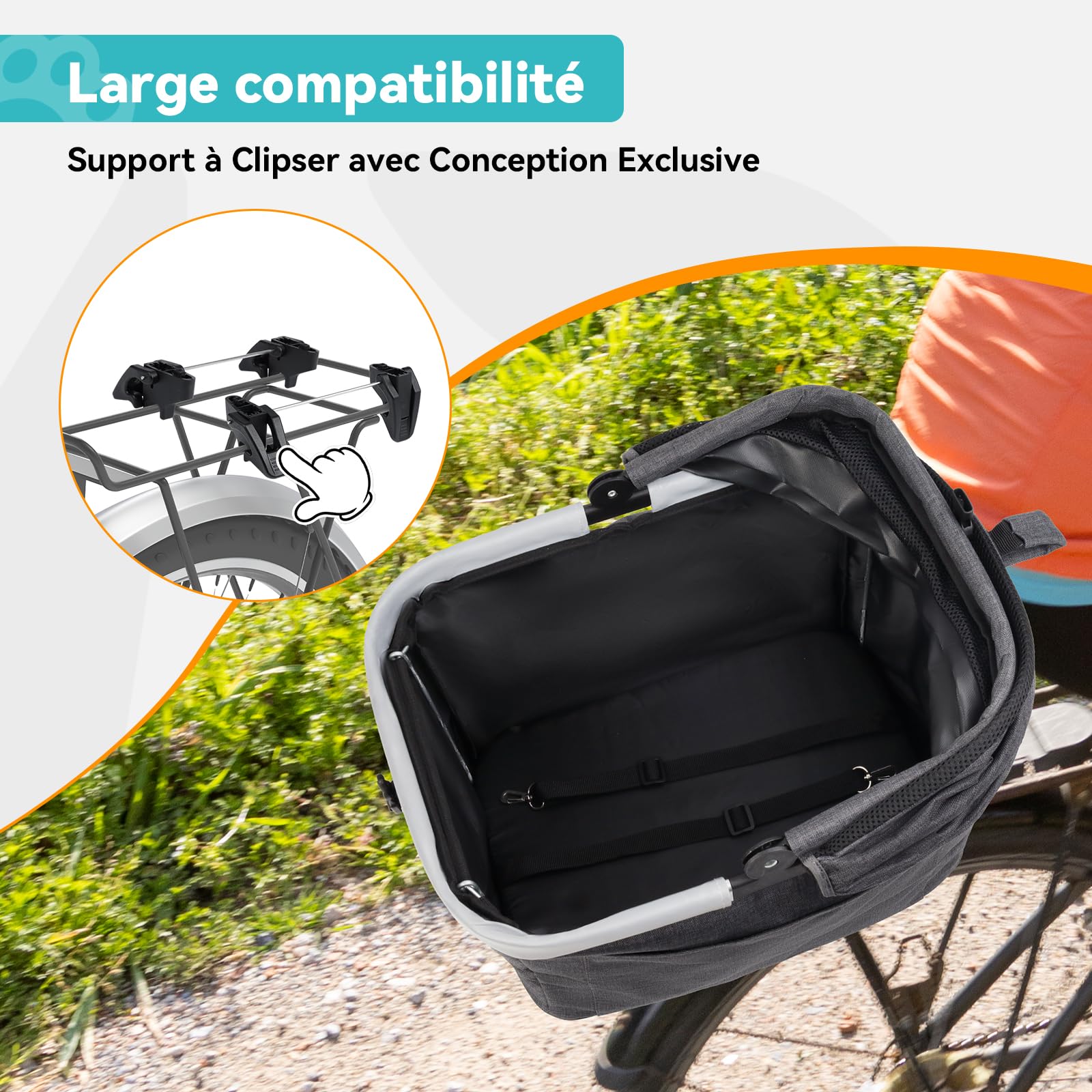 Panier Vélo Arrière pour Chien Pliable Jusqu’à 12KG avec Cadre Métallique, Fixation Rapide pour Diamètre de 9 à 12mm, Fenêtre en Maille, Coussin Doux, Bandes Réfléchissantes
