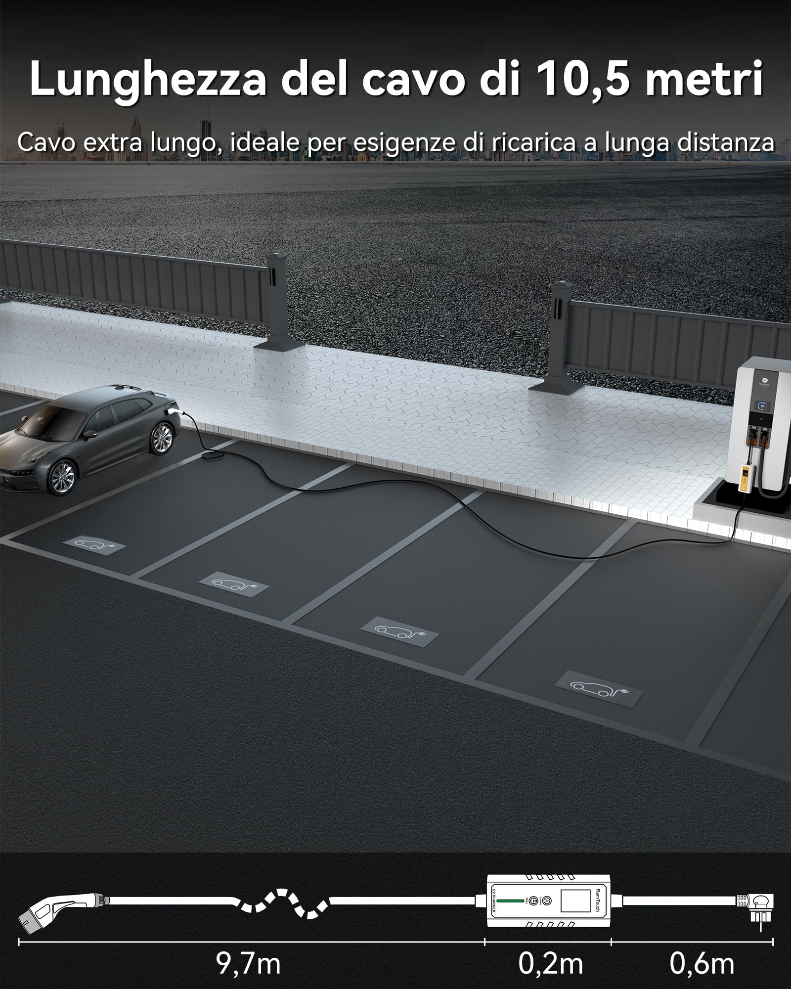 Caricabatteria da Auto Elettrico (3,7 KW, 10,5 m, Tipo 2, Schuko) - Cavo di Ricarica con amperaggio Regolabile 6A-16A, Ricarica ritardata e Programmata, terminale di Ricarica Mobile per EV e