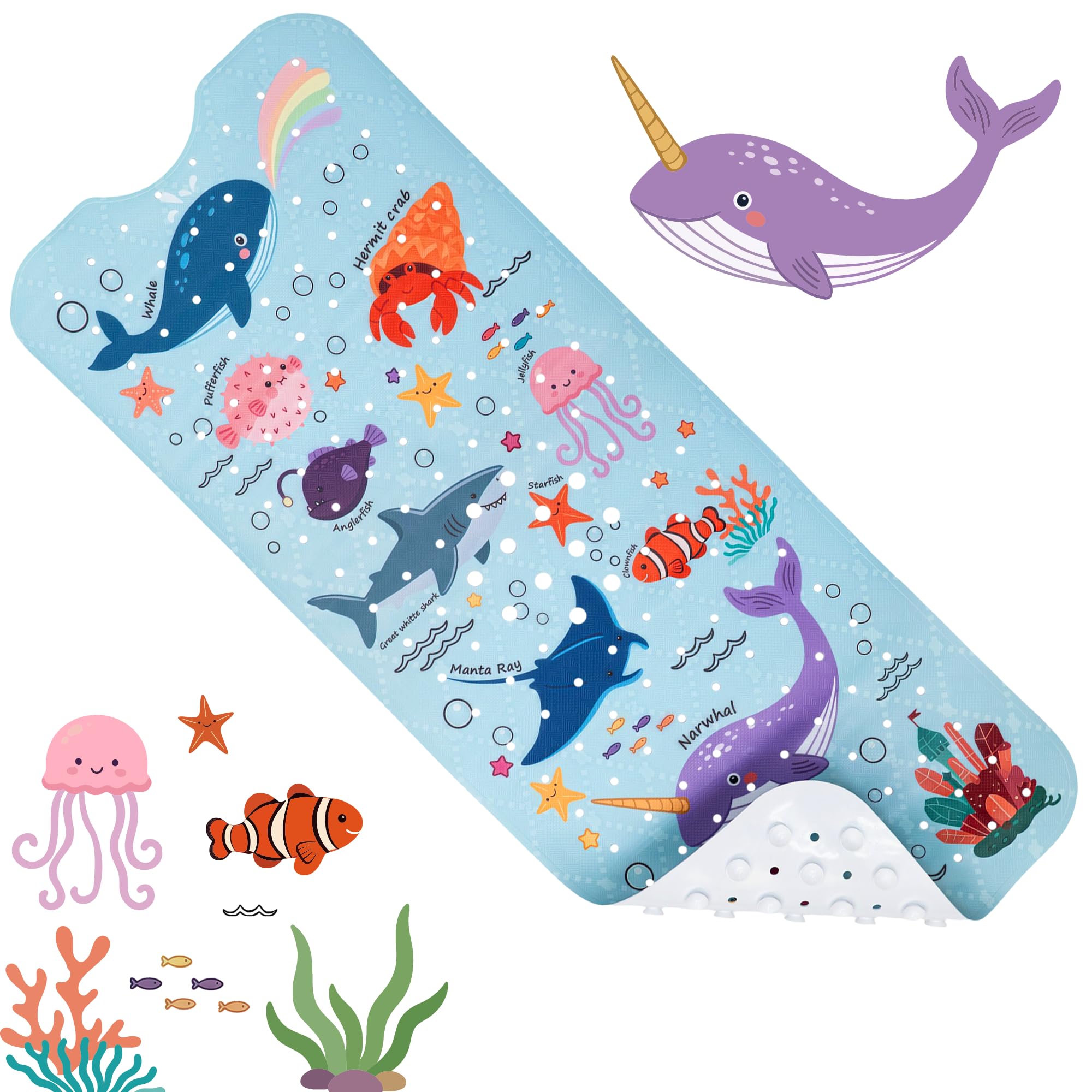 Baby Bath Mat for Tub Non Slip Bathtub Mat Fast Drain Shower Mats for Toddlers and Kids 100 x 40 cm Cute Bath Mats with Suction Cups and Drain Holes, Sea Animals