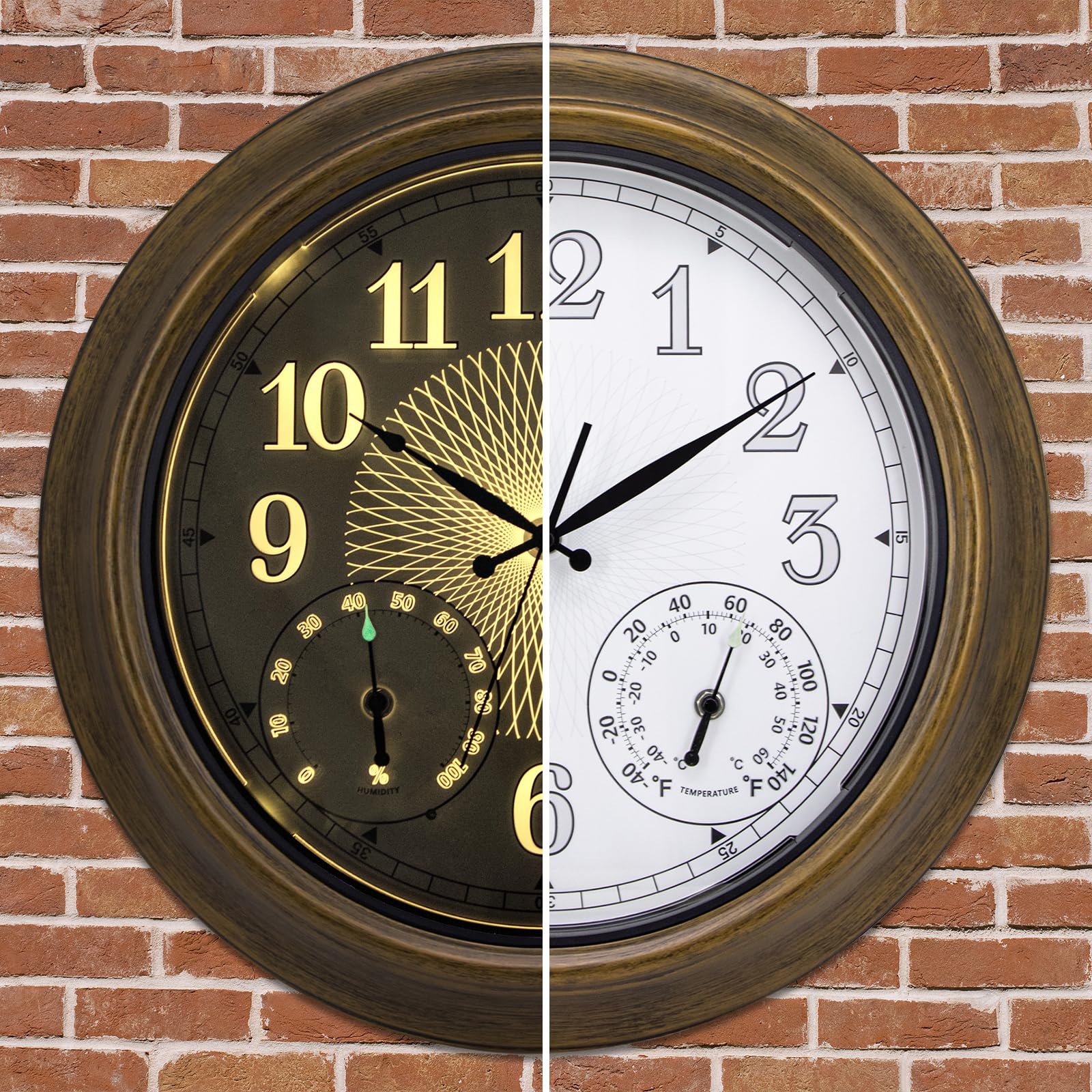 NESIFEE 18 Inch Outdoor Clocks Waterproof for Patio with Thermometer Hygrometer Combo Large Clocks with Smart Sensor Lighted Metal Wall Clocks Battery