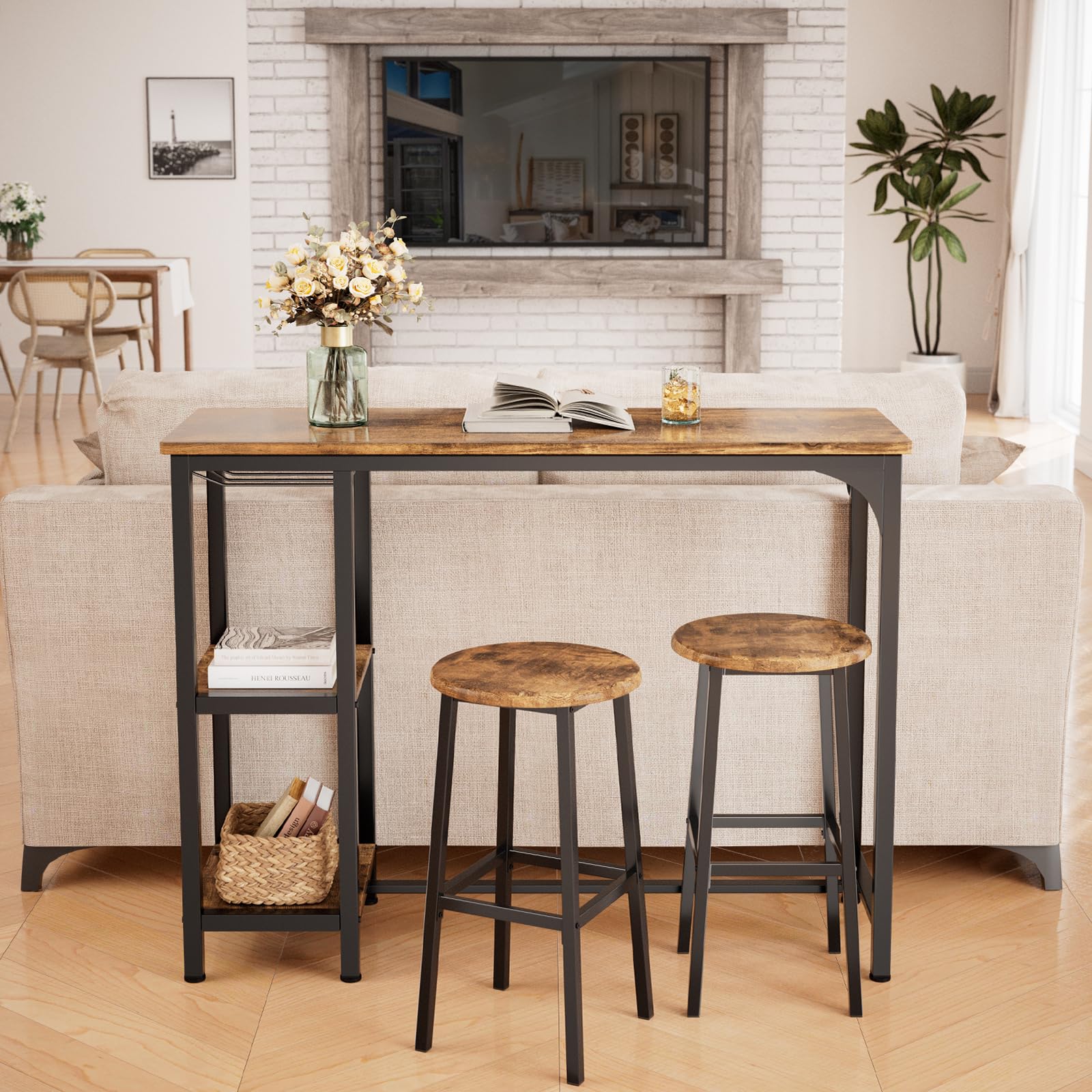 Bealife Ensemble Table de Bar avec 2 Tabourets – Table Haute Cuisine Multifonction avec 2 Étagères et Porte-Bouteilles, Table à Manger Debout Gain de Place pour Cuisine, Salon, Bar (Rétro)