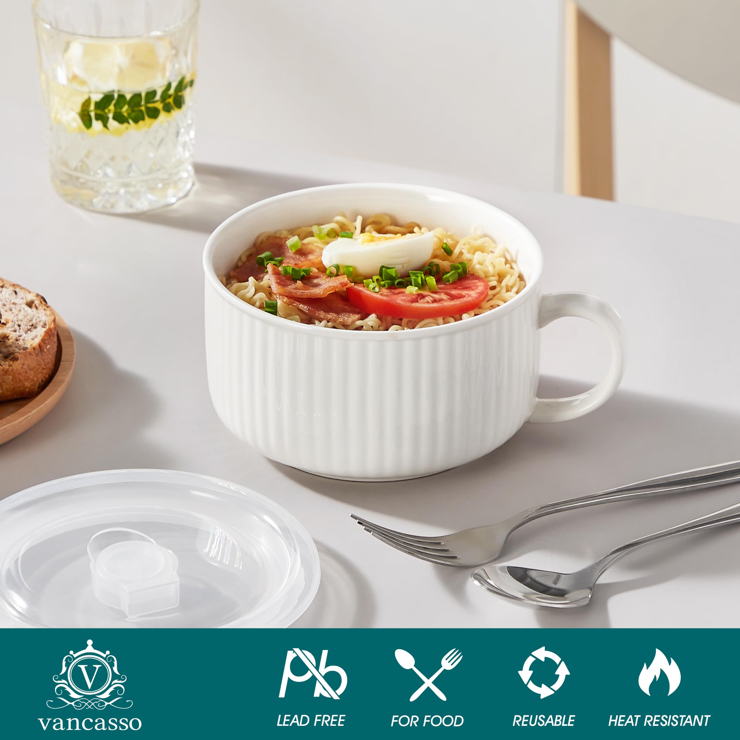 vancasso Bols à Soupe en Céramique 1020 ml, Bols à Ramen avec Poignée | Tasse de Soupe blanc avec poignée et couvercle en silicone ventilé, Bols de Soupe pour ramen, pâtes, céréales et salade