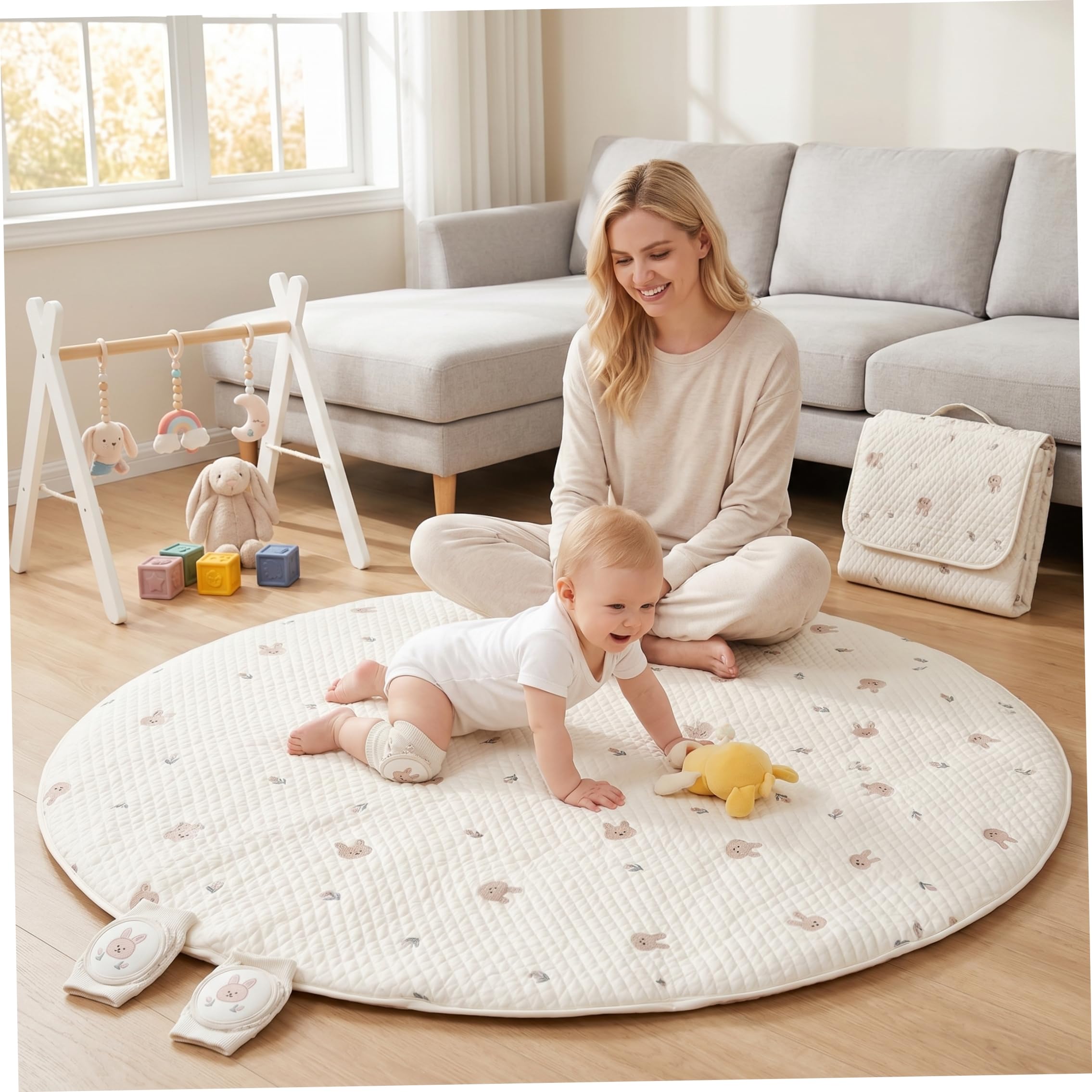 Faticenic Round Baby Play Mat, Thick Cushioned Crawling Mat With Cute Rabbit Embroidery, Detachable Washable Short Plush Rug For Nursery, 33.5" Diameter, Crawling, Garden Décor