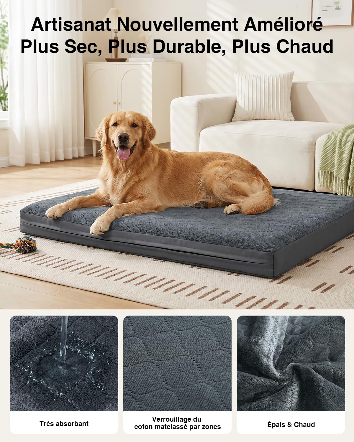 Panier Chien Taille Moyenne-88x55x7 Cm, Tapis Chien Imperméable, Une Face en Cuir Synthétique, Coussin Chien Orthopédique Double Face, Doublure Imperméable, Amovible et Lavable, Gris