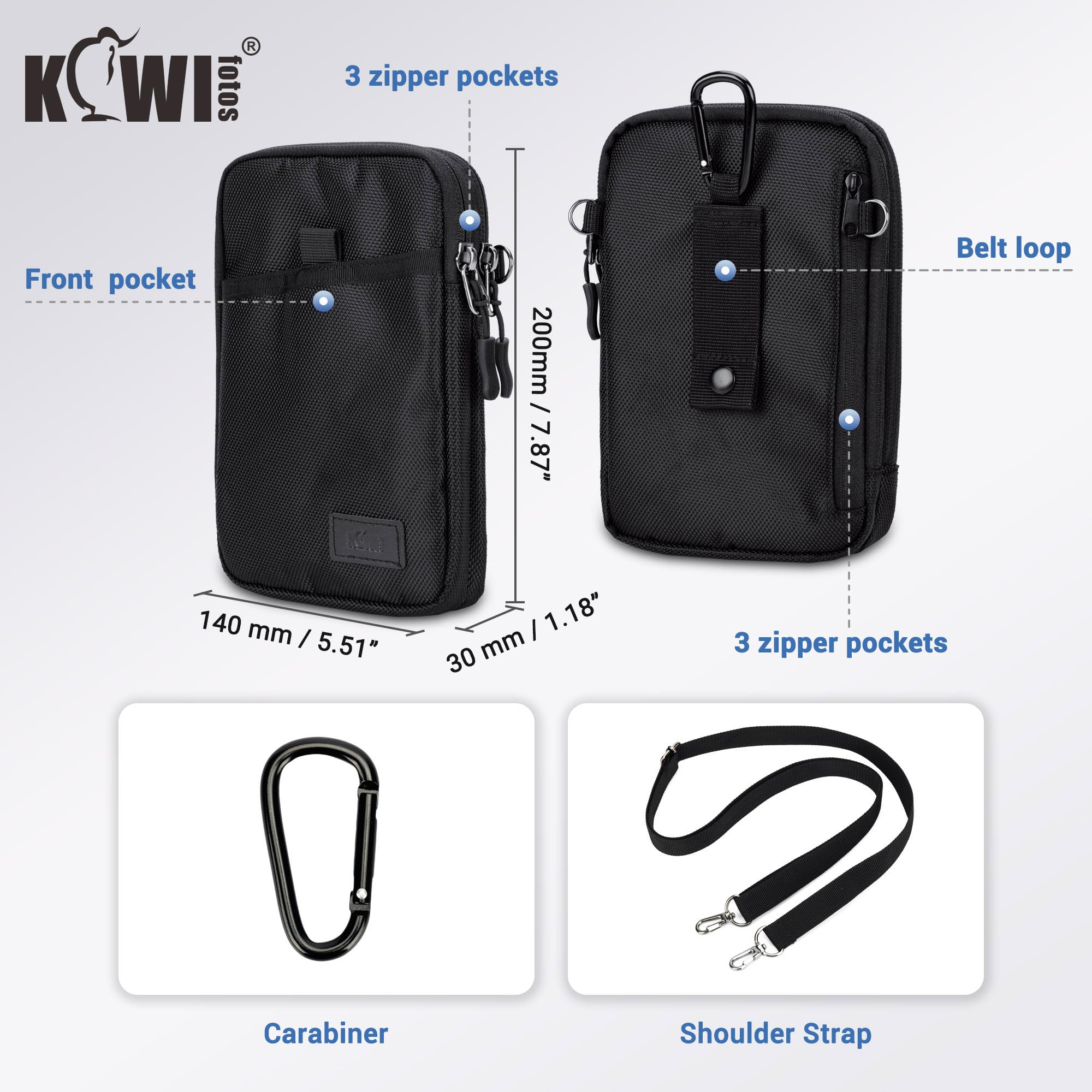 KIWIFOTOS Triple teléfono Pasaporte de Viaje Bolsa de Cuello con Correa de Hombro y mosquetón multifunción para Smartphone, Tarjeta, Gran Accesorio de Viaje (Negro)