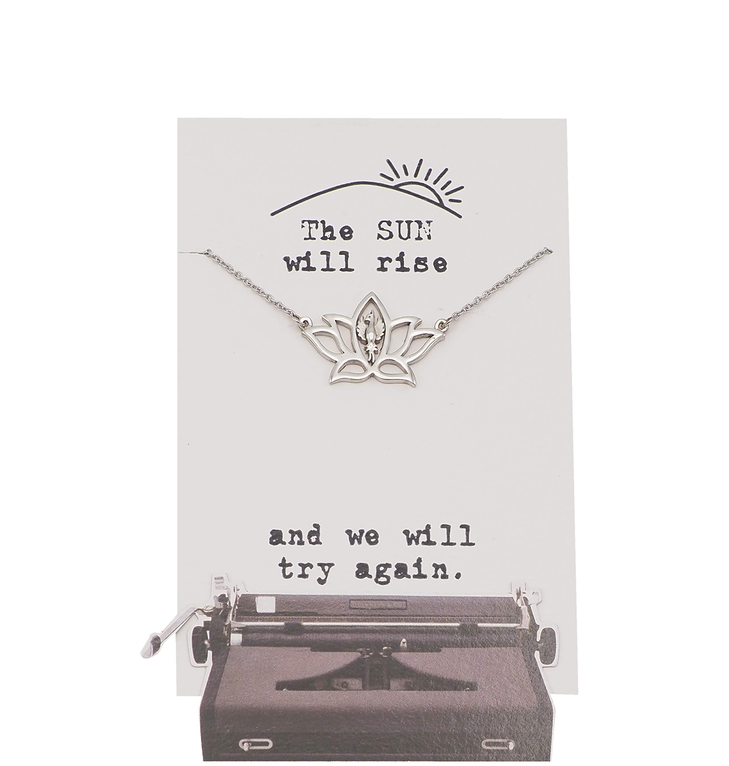 QUINNLYN & CO.Phoenix Om Lotus Flower Pendant Necklace, Handmade Gifts for Women with Inspirational Quote on Greeting Card