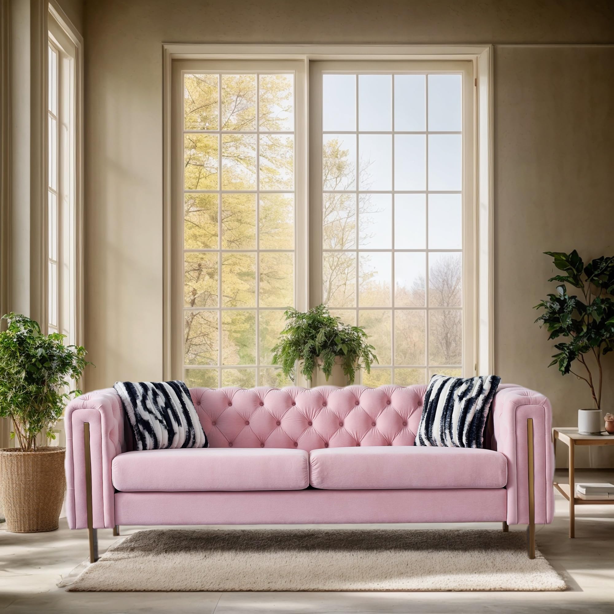KEIKI 84" Chesterfield Velvet Tufted Button Sofa with Removable Cushions and 2 Toss Pillows, Modern 3-Seater Couch with 4 Gold Metal Legs, Easy Assembly, for Living Room, Bedroom, Apartment, Pink