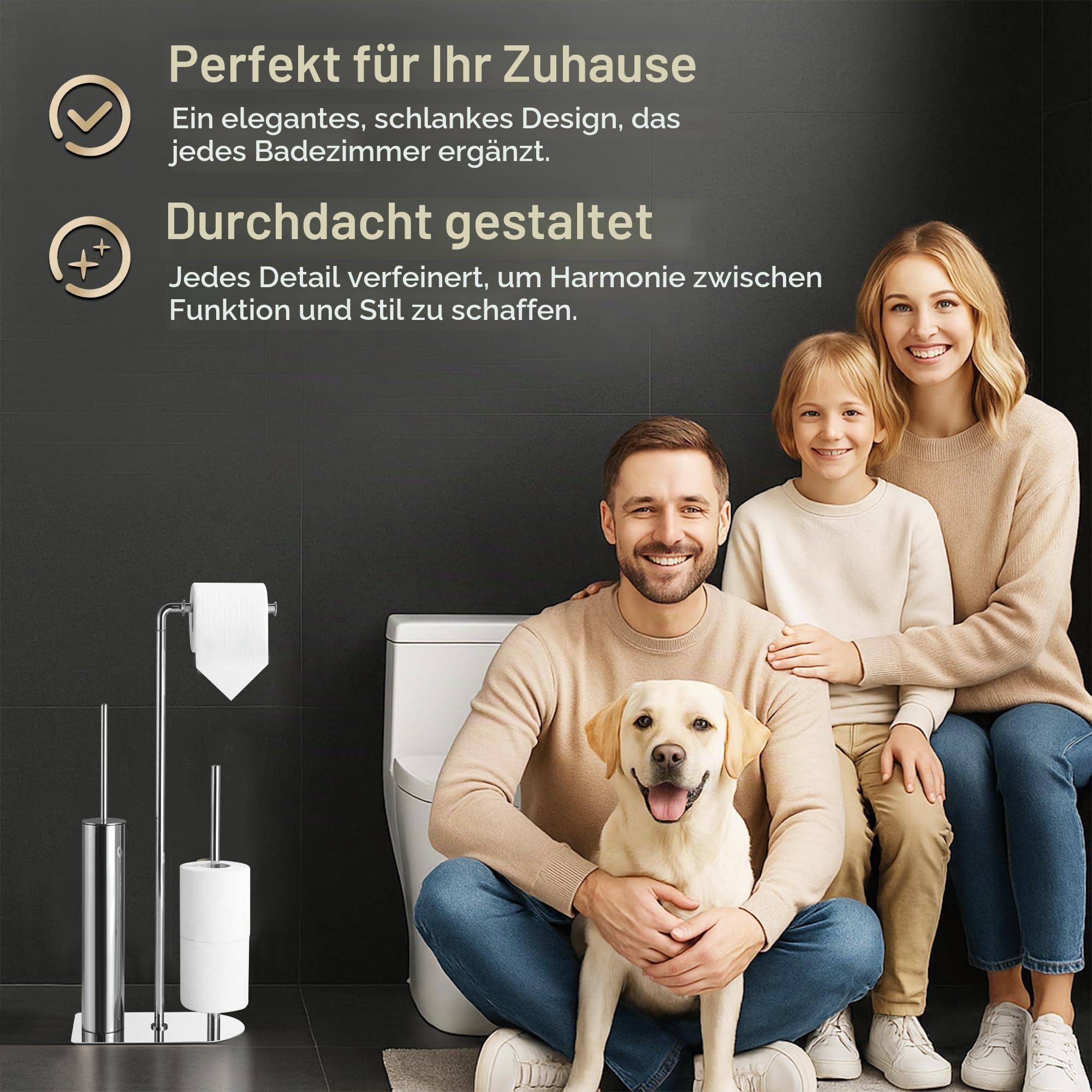 Toilettenpapierhalter mit WC Bürste und Aufbewahrung, freistehender klopapierhalter für Badezimmer und Gästetoiletten, schwarzer Wc garnitur aus Edelstahl rostfrei und ohne Bohren (Chrom)