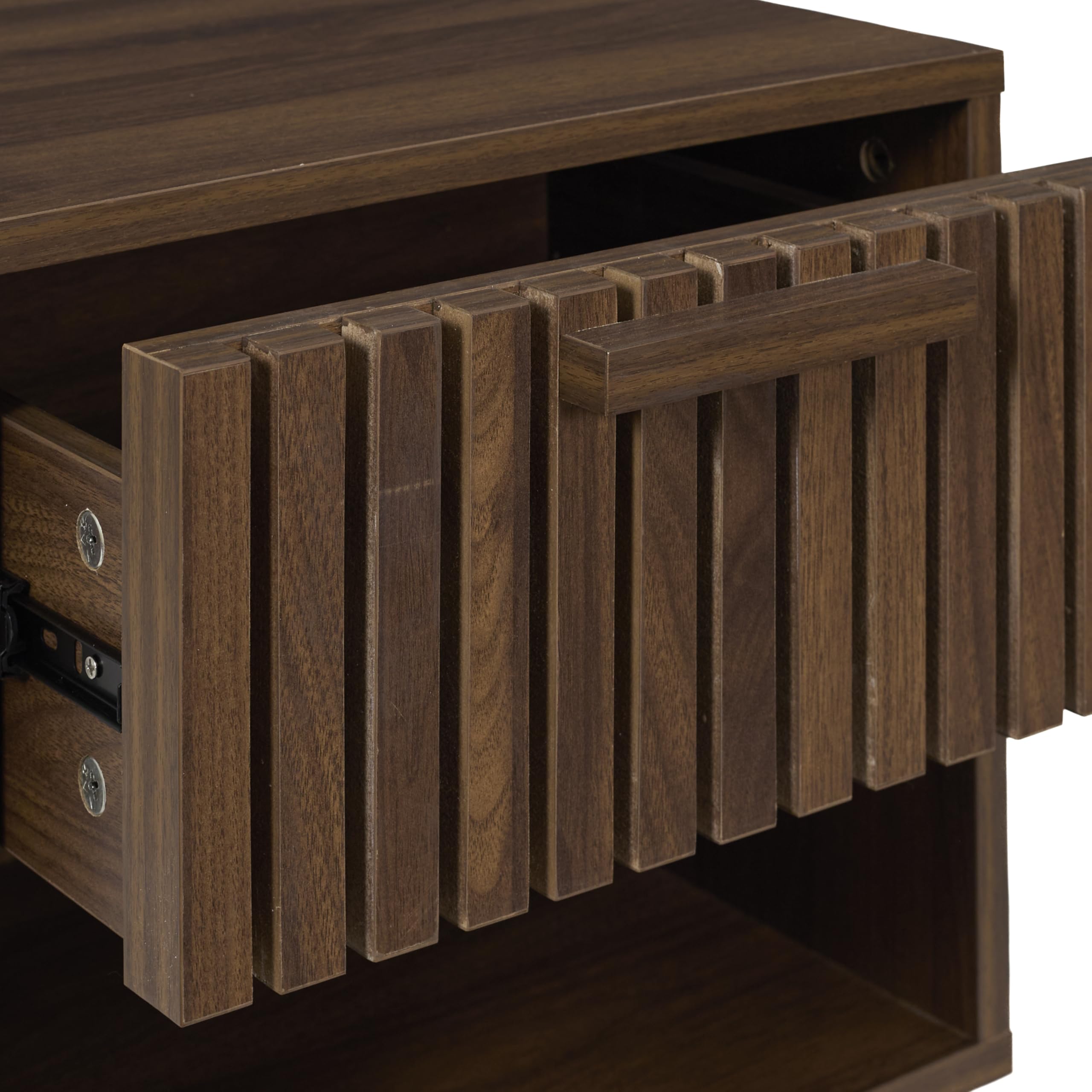HOME DECO FACTORY - Elegante Comodino Contemporaneo con Cassetto Striato e Nicchia Aperta - Modello Klaus - Ideale per un Pratico Stoccaggio nella Tua Camera - Legno Scuro - 46x13x41 cm