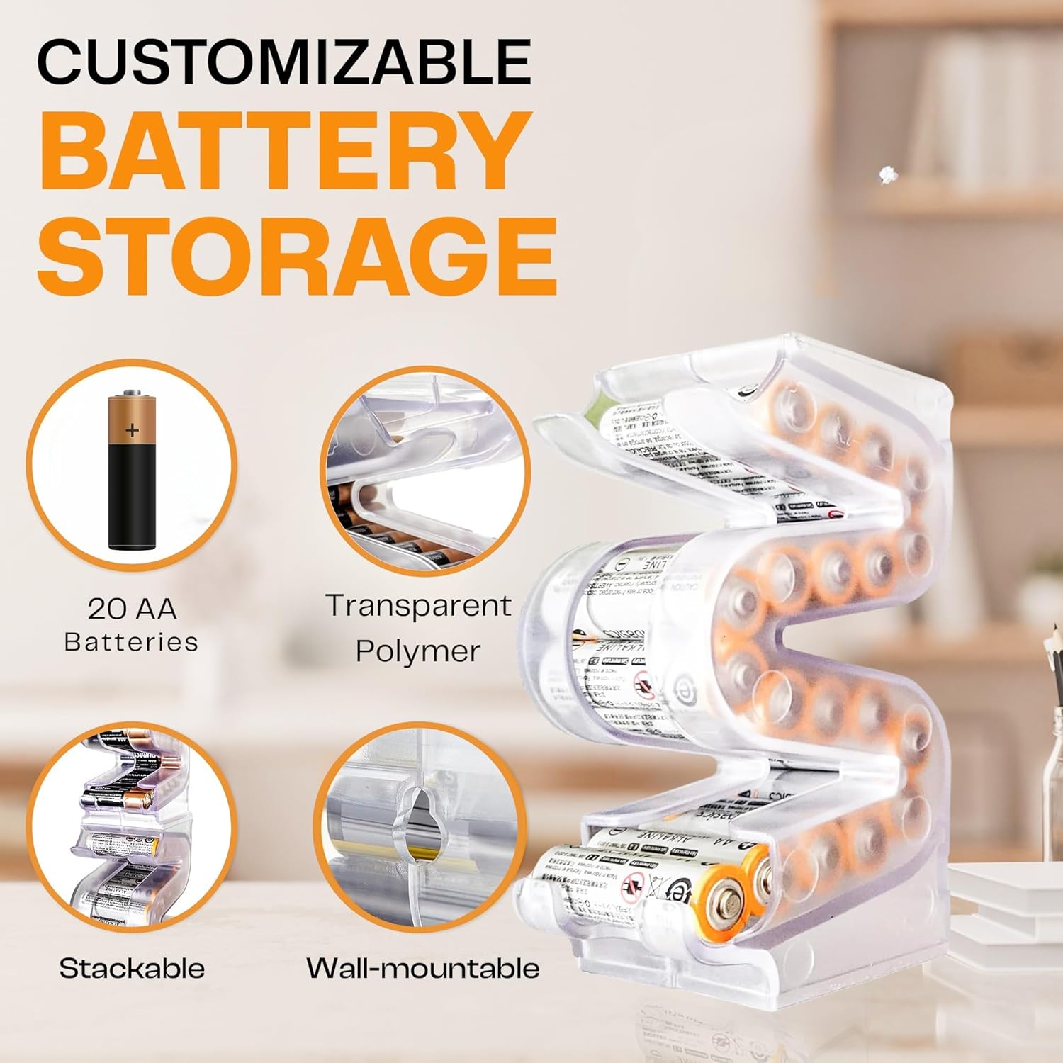 Battery Ladder Organizer Case for AA Batteries - Stackable or Mounted Vertical Storage Battery Dispenser for Home, Garage, & Workshop (1-Pack, Holds 20 AA Batteries)