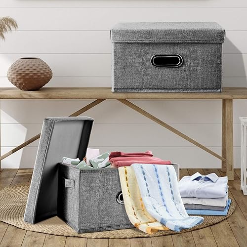 Miniatura 2 de Contenedores de almacenamiento de tela de lino con tapa 1 unidad Caja de almacenamiento plegable con tapa, contenedores de almacenamiento para