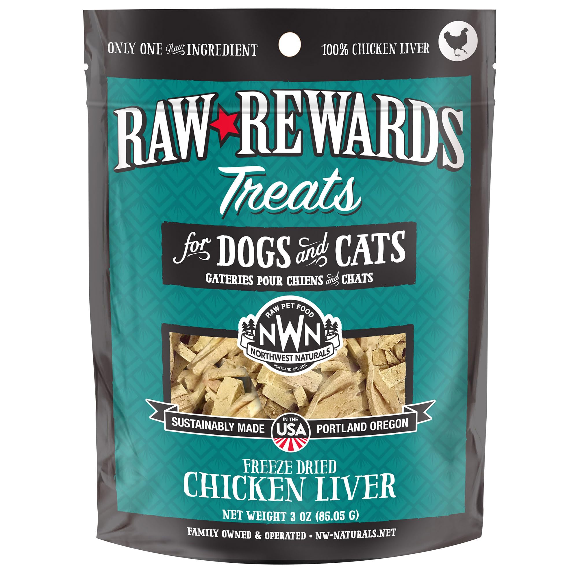 Northwest Naturals Raw Rewards Freeze-Dried Chicken Liver Treats for Dogs and Cats - Bite-Sized Pieces - Healthy, 1 Ingredient, Human Grade Pet Food, All Natural, Proudly Made in USA, 3 Oz (Pack of 1)