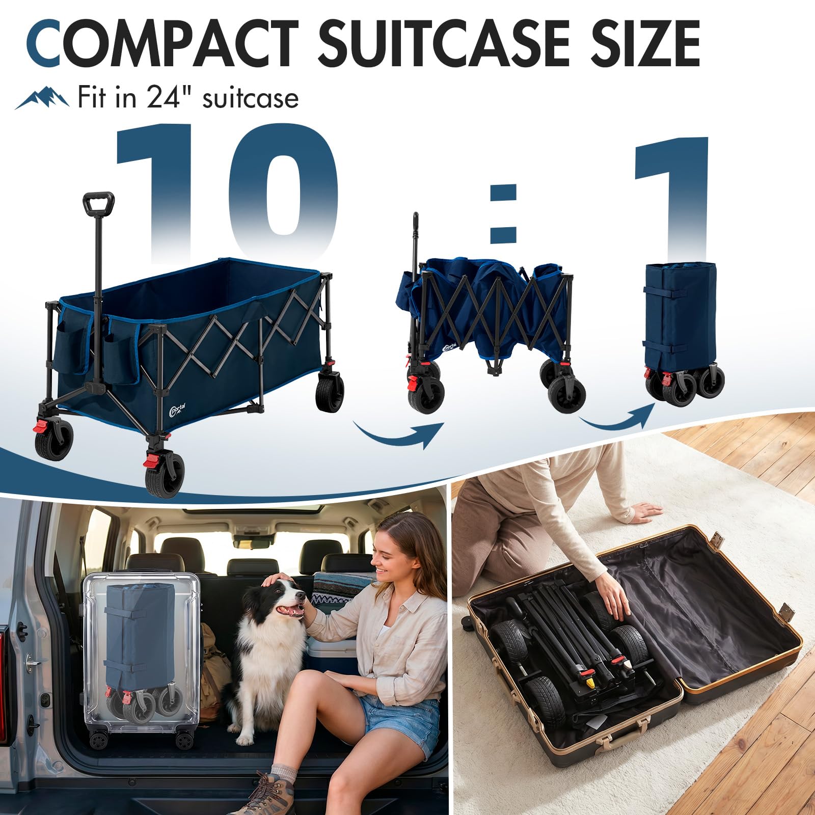 Portal Carro de Playa Plegable 300L XXL Carrito de Camping con Frenos y Mango Ajustable Vagoneta de Jardín Resistente Carga 150KG Ruedas para Festivales Picnic y Transporte