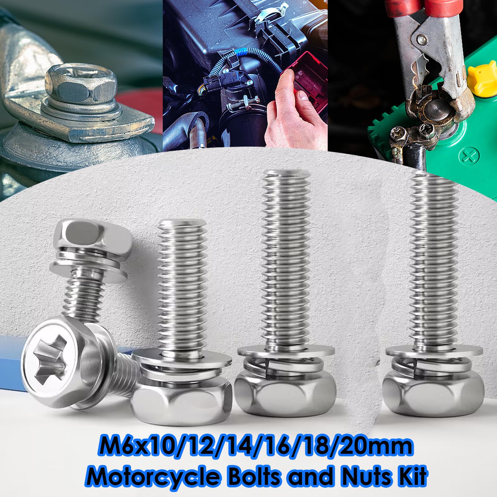 CSeao 12-Pack M6 X 10mm Motorcycle Battery Terminal Bolts & Square Nuts – 304 Stainless Steel, 10mm Wrench Size, Zinc-Plated Carbon Steel Nuts