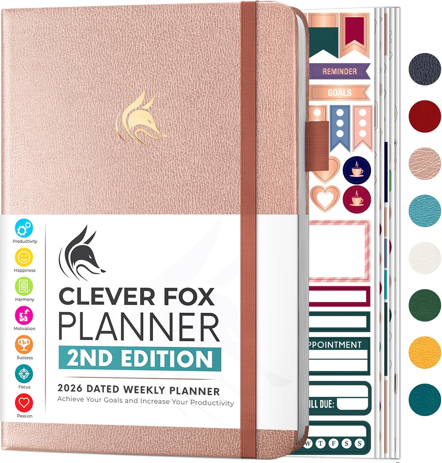 Clever Fox Planner 2nd Edition Dated Jan 2026-Jan 2027 – Colorful Weekly & Monthly Goal Setting Planner, Habit Trackers, Time Management and Productivity Organizer, Gratitude Journal, A5 (Rose Gold)