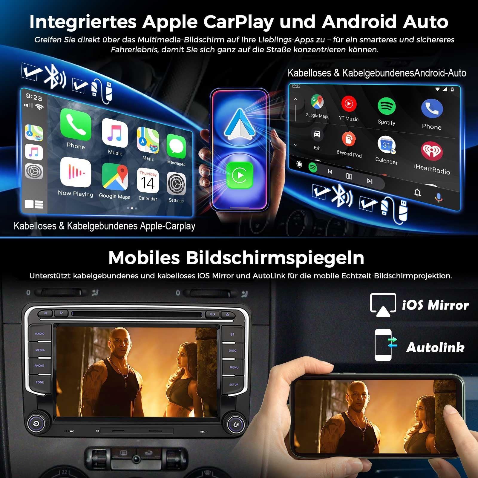 Doppel-Din Autoradio mit CD für VW Polo 6R Golf 5 6 T5 Caddy Passat B6 Touran Skoda Seat Tiguan, 7" 2 Din Bluetooth Radio mit Wireless CarPlay Android Auto Navi DAB+ Touch Screen Canbus Mirror Link