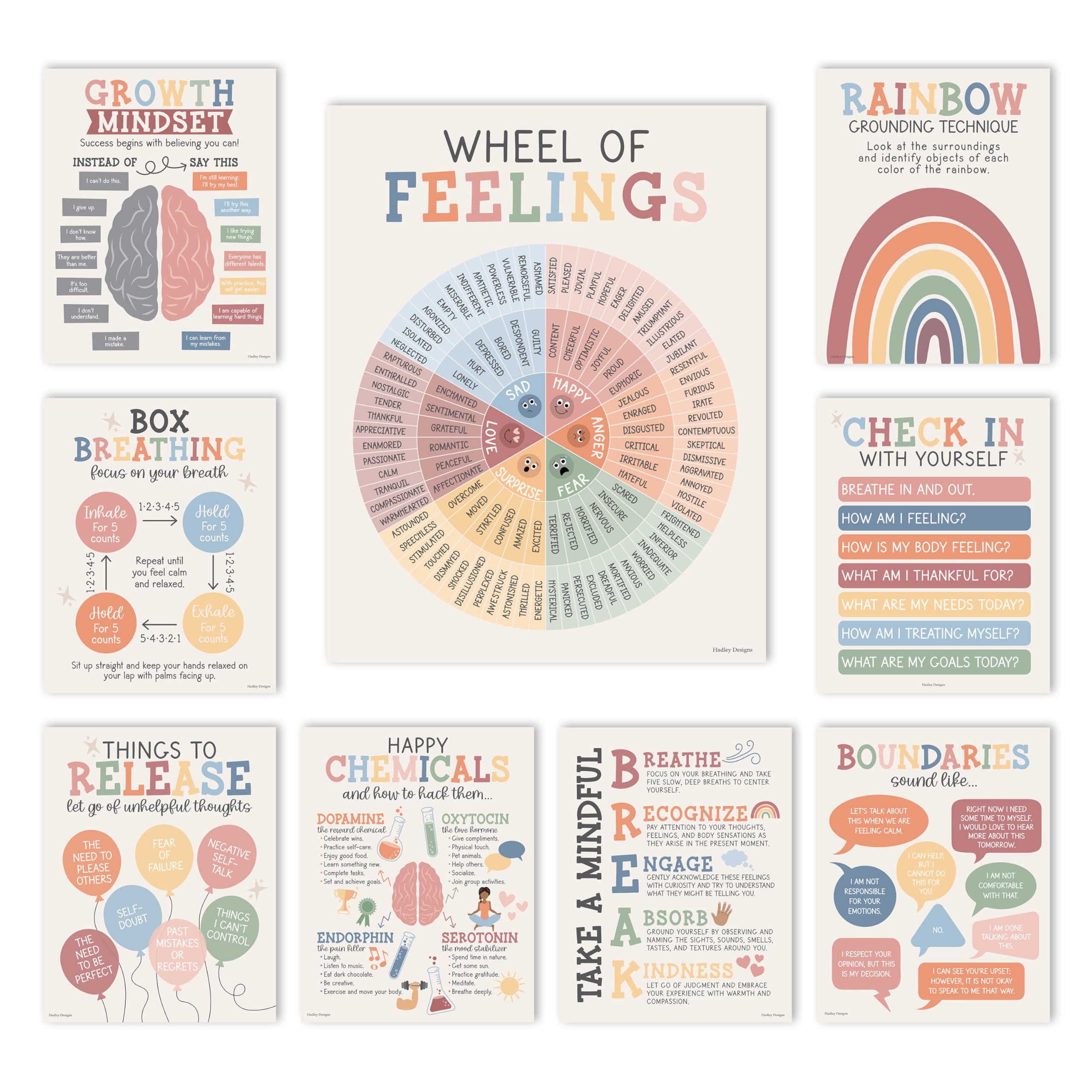 9 Mental Health Posters For Classroom - 11x14" School Counselor Office Decor, Power of Yet & Growth Mindset Poster, School Counseling Posters Elementary - Boho Muted Classroom Decor