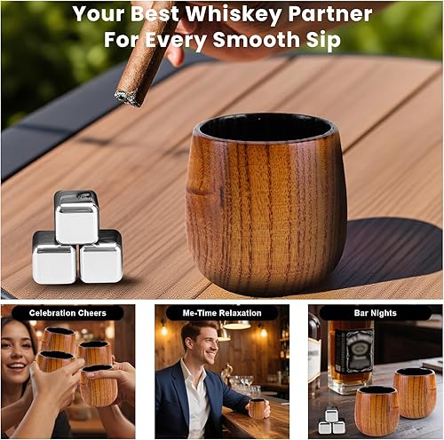 Miniatura 6 de Juego de 2 vasos de whisky de madera carbonizada, vasos de bourbon de madera hechos a mano, regalos de whisky para hombres, papá, hermano, vasos
