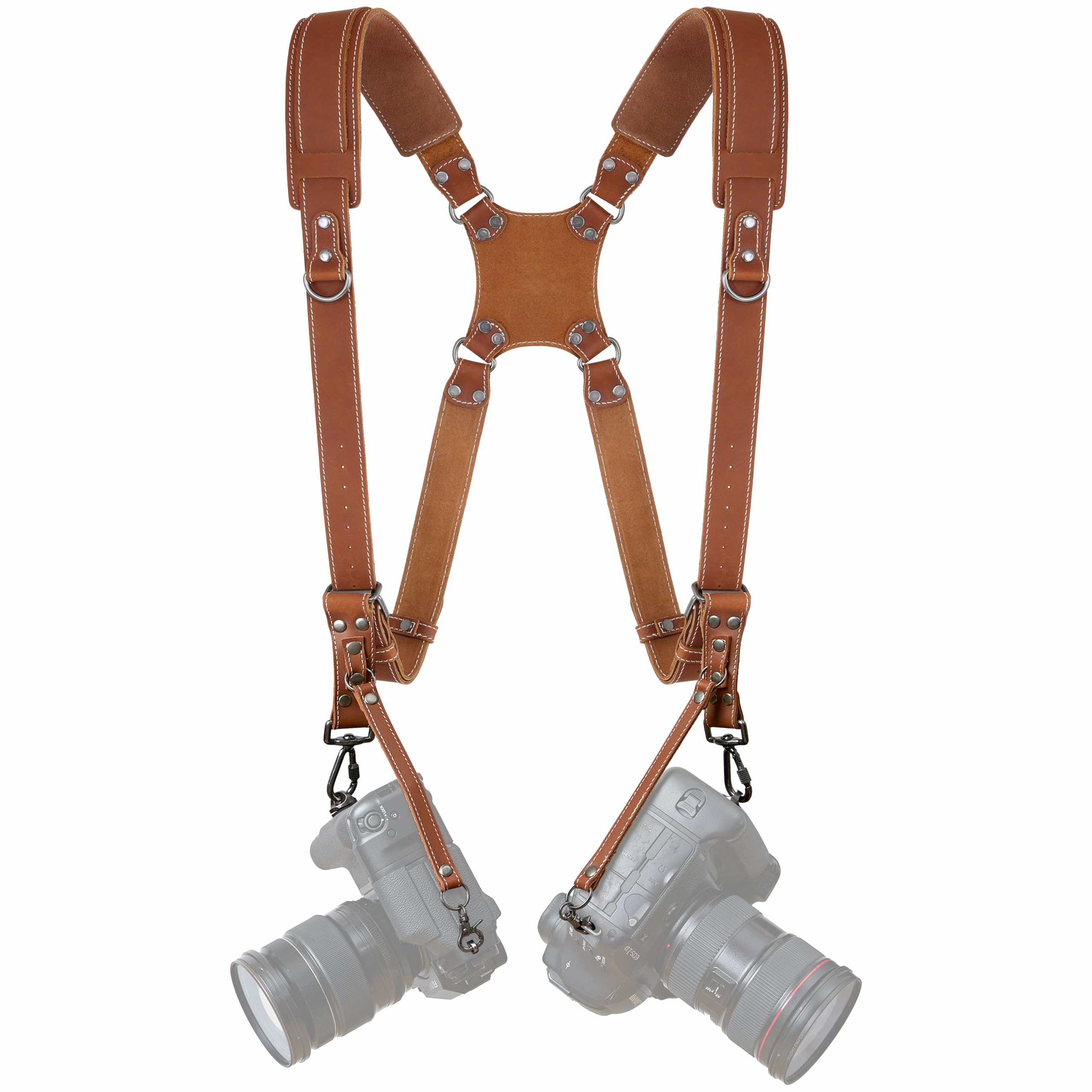 Padwa Lifestyle Tan Dual Camera Harness Strap with Padded for Two Cameras - Dual Shoulder Full Grain Leather Harness,Multi Camera Gear for DSLR/SLR