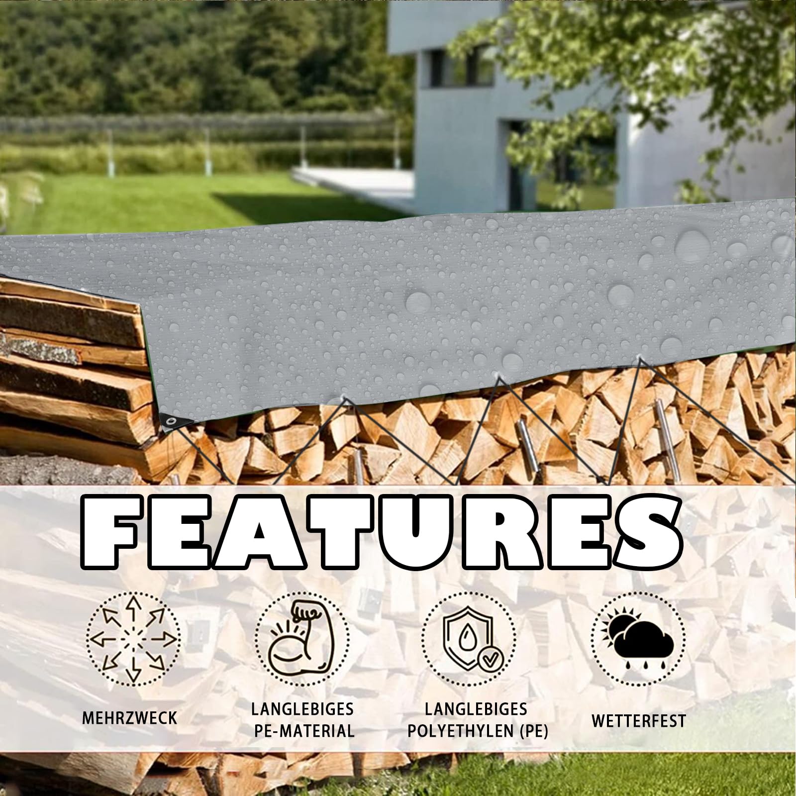 Telone di copertura in tessuto da 180 g/㎡, impermeabile, con occhielli, 2 m x 6 m, per mobili da giardino, piscina, trampolino, antistrappo, antimuffa (grigio/nero)