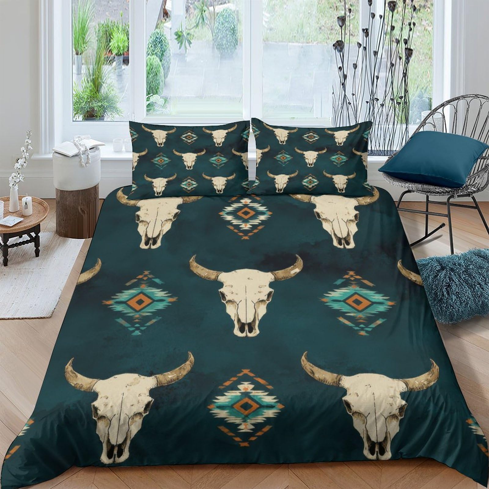 Ctjqhvkz Style-3 3D Printed Western Bull Skull Fitted Sheet Microfiber Soft Breathable Tribal Mattress Cover For Bedroom Guest Room Decor Single（135X200cm）