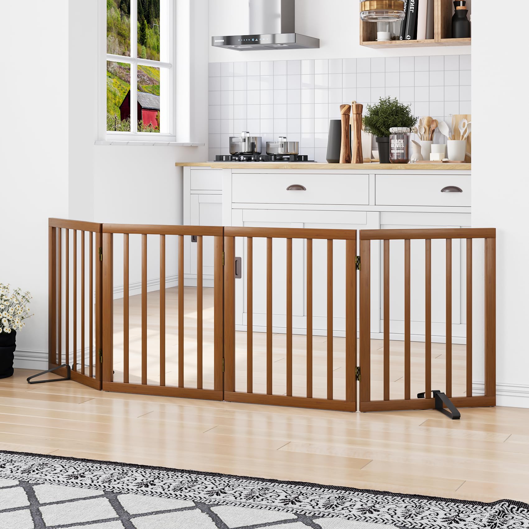 Freestanding Pet Gate Foldable Dog Gate,Walnut Bamboo Dog Gates for Stairs Doorways House Indoor (2 Support Feet Included) — view 2