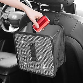 Bling Car Trash Can with Rhinestones,Foldable Extra-Large Capacity Car Trash Bin for Auto Headrests,Gear Stick,Hanging Cars Garbage Can as Cars Organizer for Girls/Women(White)