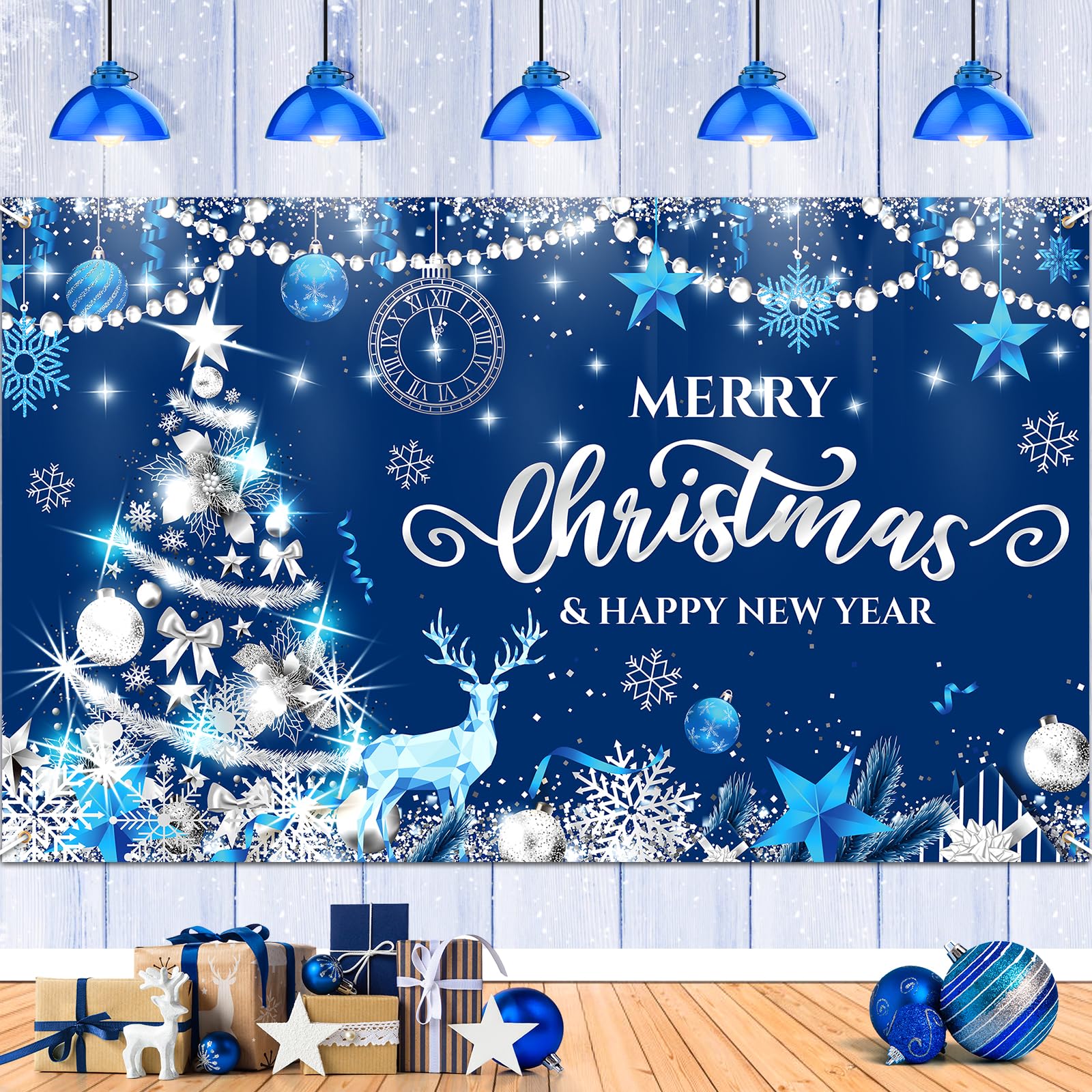 Blue Merry Christmas Banner Happy New Year Decoration Banner Merry Christmas Xmas Photo Backdrop Christmas Tree Snowflake Banner Christmas Party Backdrop Banner Decoration Holiday Party Supply