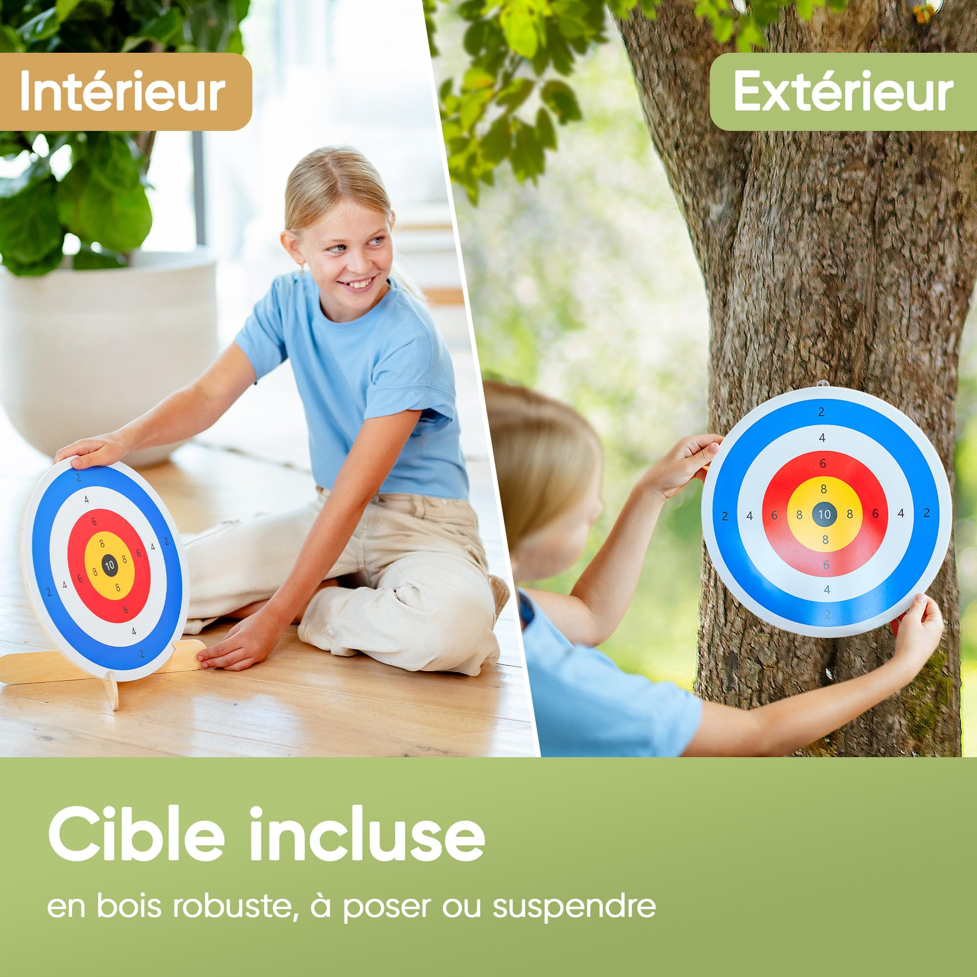 BOWRILLA® Arc et flèches en bois pour enfants avec 6 flèches à ventouse, cible en bois et carquois | Jouet de tir à l'arc ambidextre pour enfants à partir de 3 ans