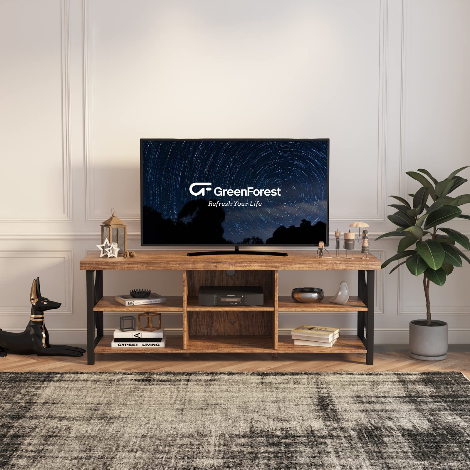 GreenForest TV Stand for TV up to 60 Inches with 6 Storage Cabinet for Living Room, Television Stands Entertainment Center TV Console Table, Walnut