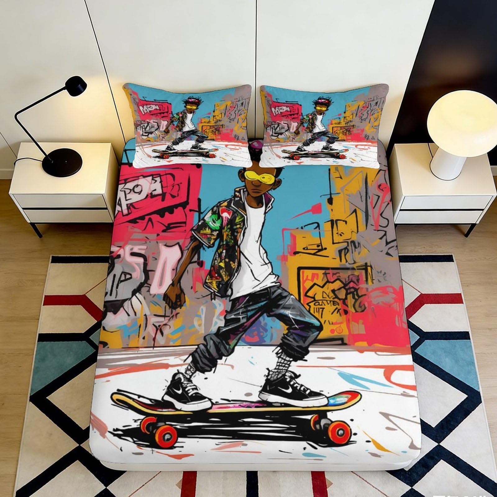 Jqzkxnhpbr Style-1 3D Printed Graffiti Skateboard Fitted Sheet Microfiber Soft Urban Street Art Bed Cover For Bedroom Guestroom Decor 90X200x25cm