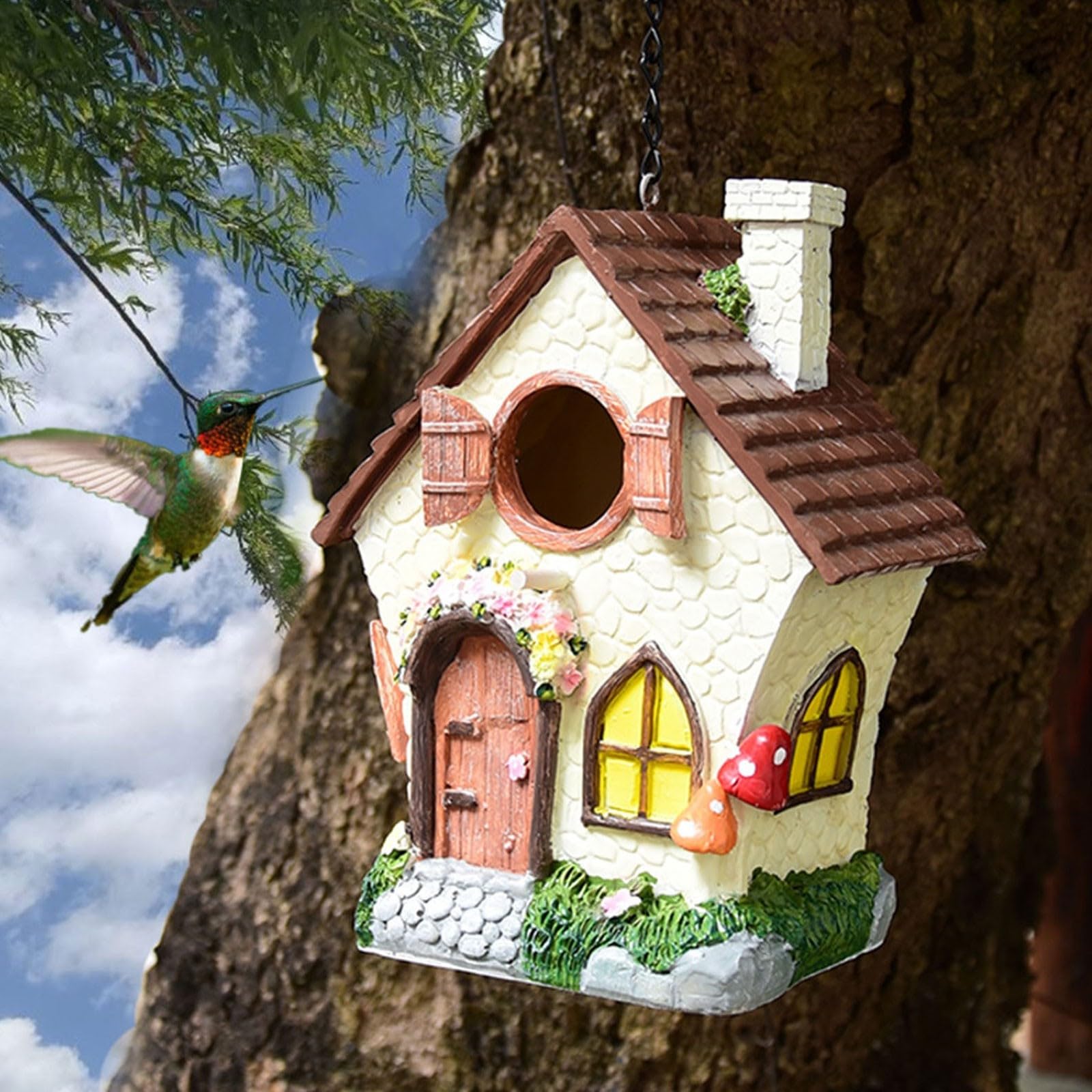 Casetta per uccelli da appendere, impermeabile, resistente, in resina, con catena, per uccelli blu, passeri, fringuelli, cardinali, cince, all'aperto, giardino, cortile, regalo