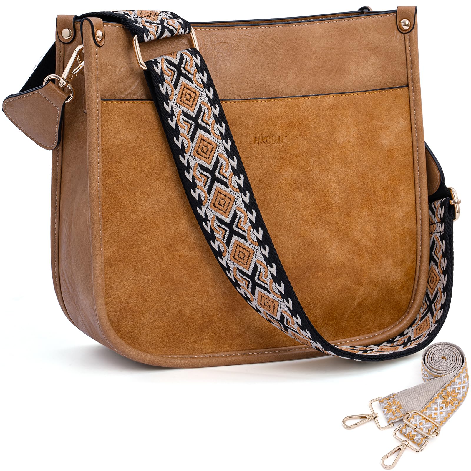 HKCLUFCrossbody Bags for Women Trendy Vegan Leather Hobo Handbags With 2PCS Adjustable Guitar Strap Shoulder Bucket Bags