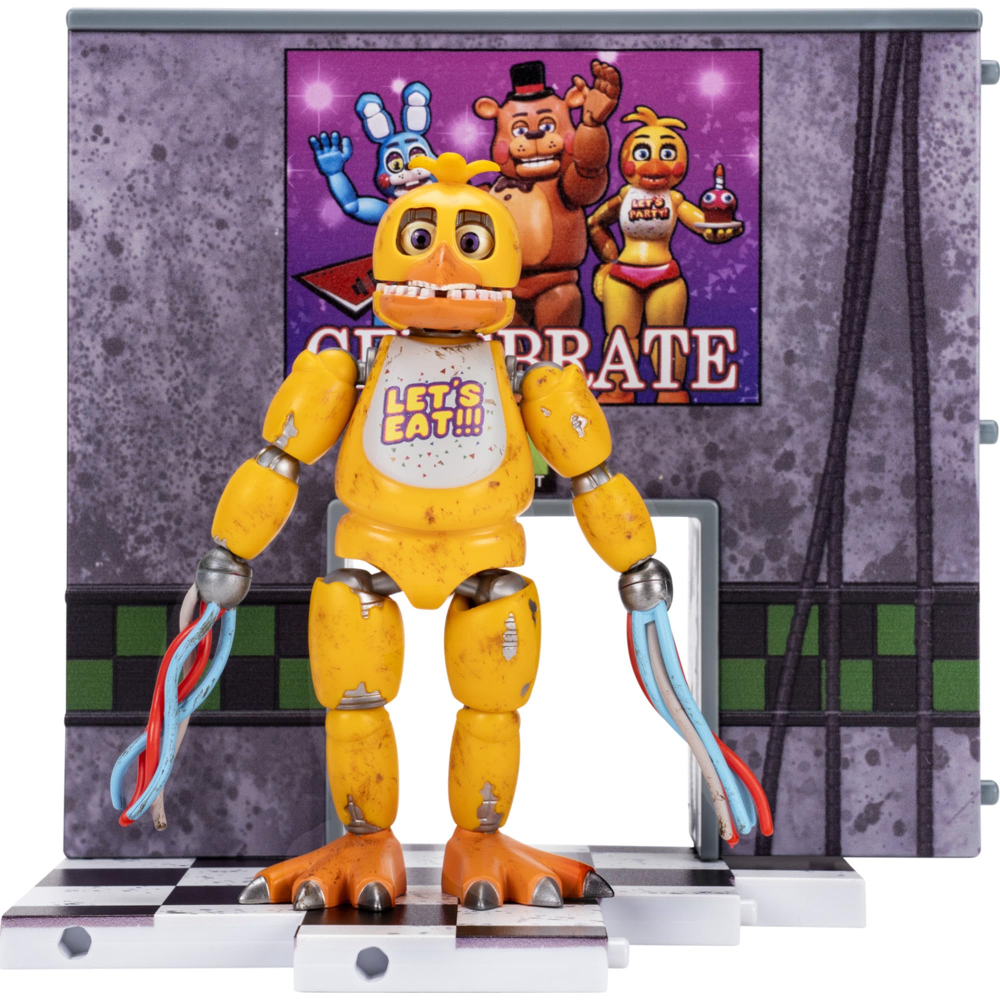 Jazwares Five Nights at Freddy’s Withered Chica Office Set - 5-Inch Articulated Figure with Jumpscare Feature, Glow-in-The-Dark Eyes, and Optical Diorama