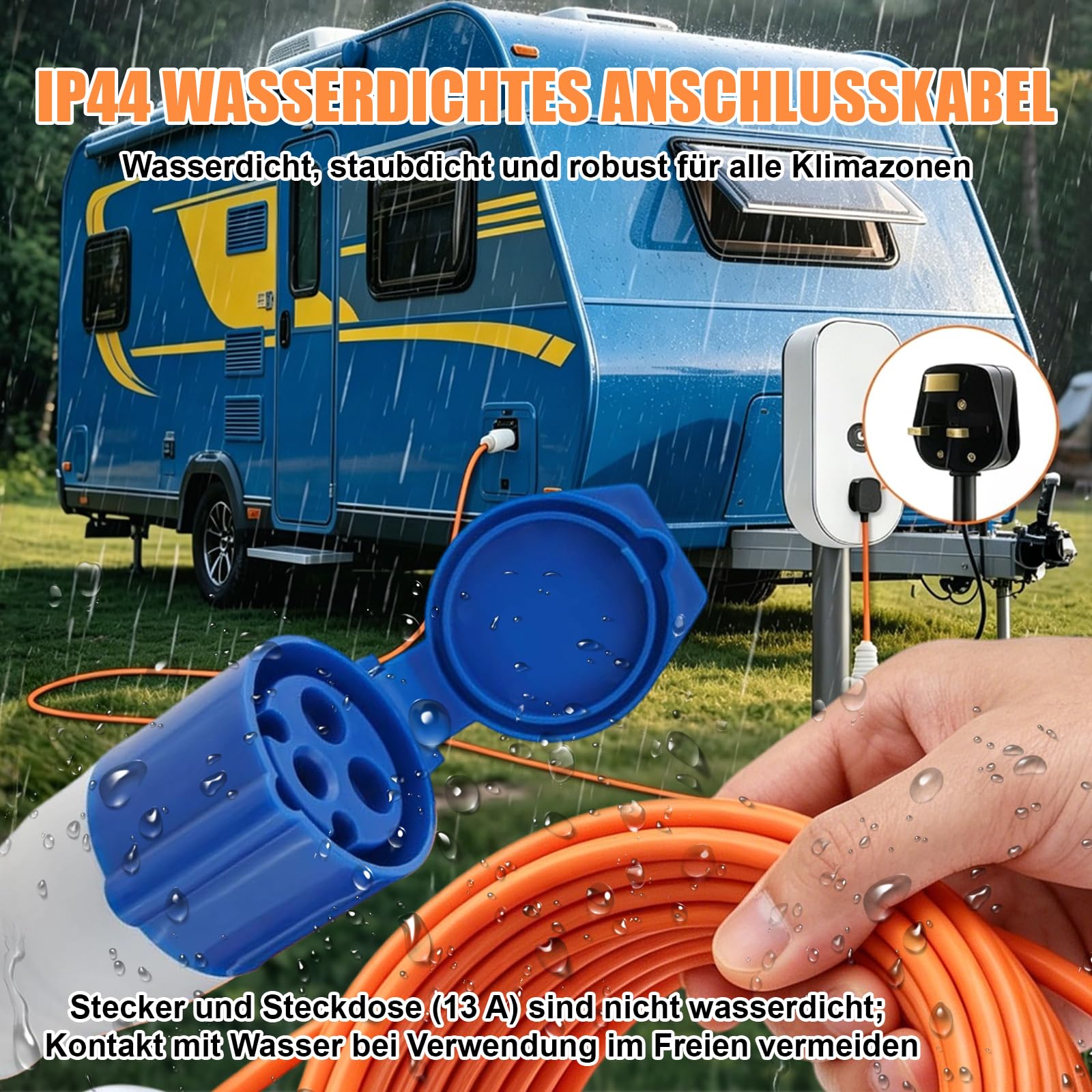 CEE Verlängerungskabel 25m - Robustes Wohnwagen Kabel, 16 Ampere 240V Campingkabel - Gut Sichtbares Orangefarbenes - Camping Stromkabel Ideal für Wohnmobil (25 Meter)