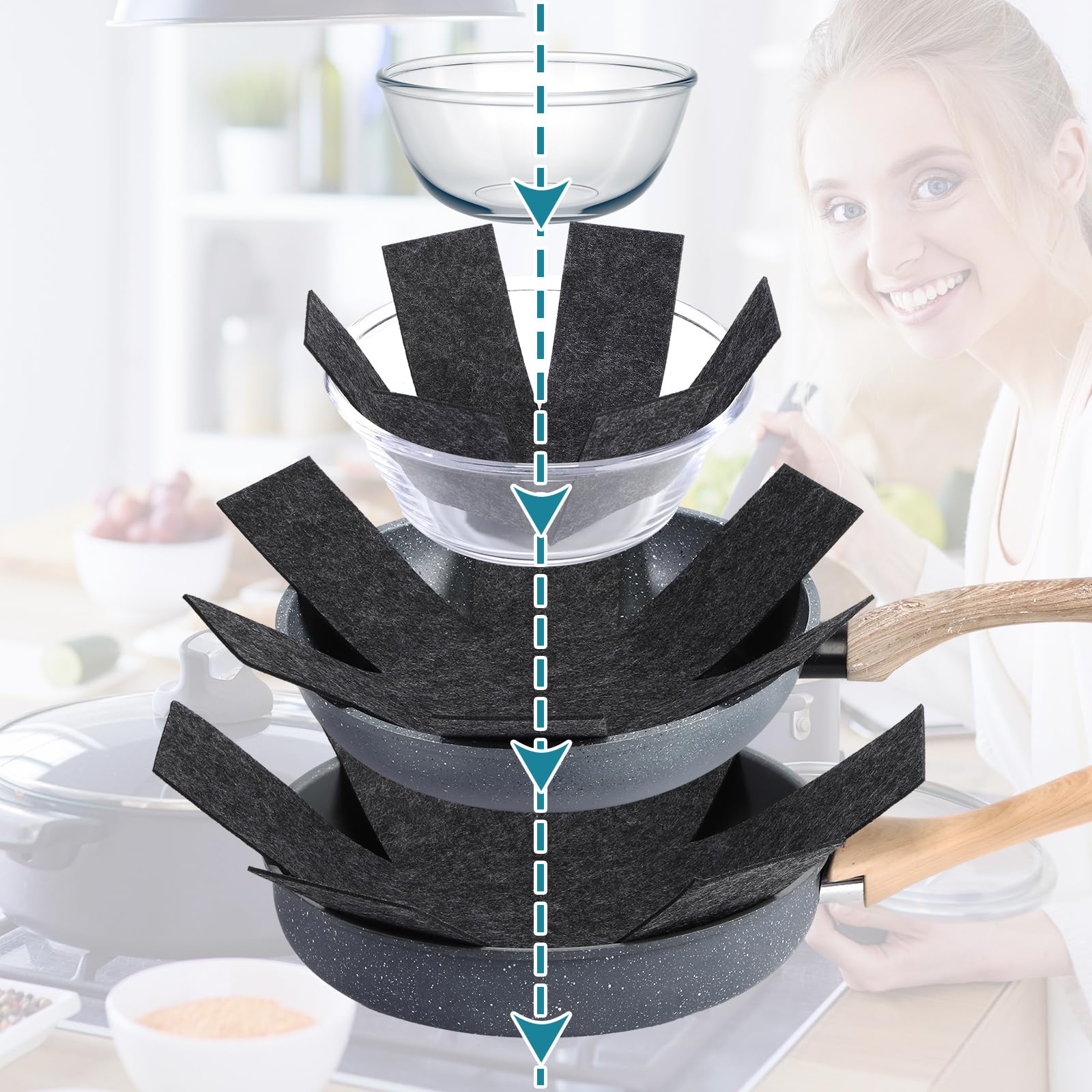 Queekay 60 protectores de ollas y sartenes, 6 tamaños diferentes, protectores de utensilios de cocina, separadores de ollas, almohadillas separadoras apilables para proteger y separar sartenes (negro)