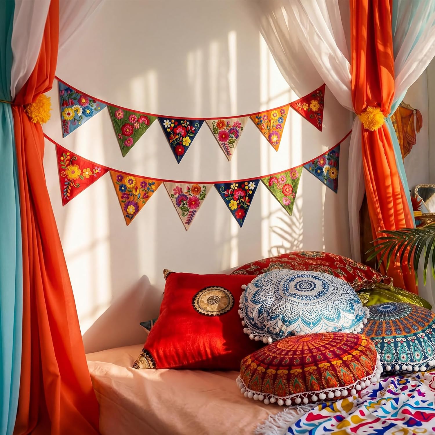 Moukeren 9.84 ft Mexican Fiesta Party Banner Hand Embroidery Cinco De Mayo Party Garland 12 Pieces Cloth Triangular Bunting Flags for Day of The Dead Mexican Taco May 5th Birthday Table Decor