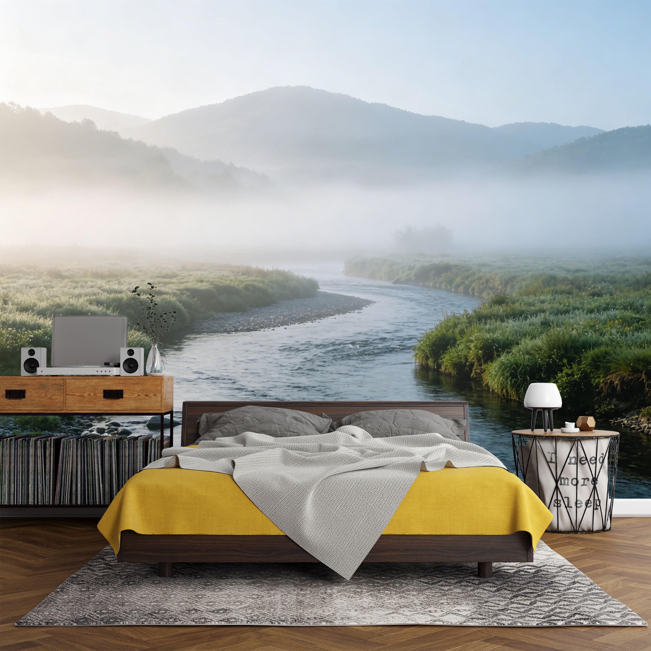 Custom Size Wall Mural， Mountain Lake Misty River Landscape Nature Morning，SelfAdhesive Art Prints wall Fabric (No PVC) Removable Wallpaper Living Room Decor