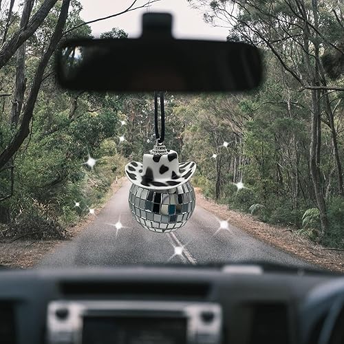Miniatura 3 de Accesorios de coche con estampado de vaca negra, bola de discoteca, adorno de espejo de bola, colgante de sombrero de vaquero colgante, percha de