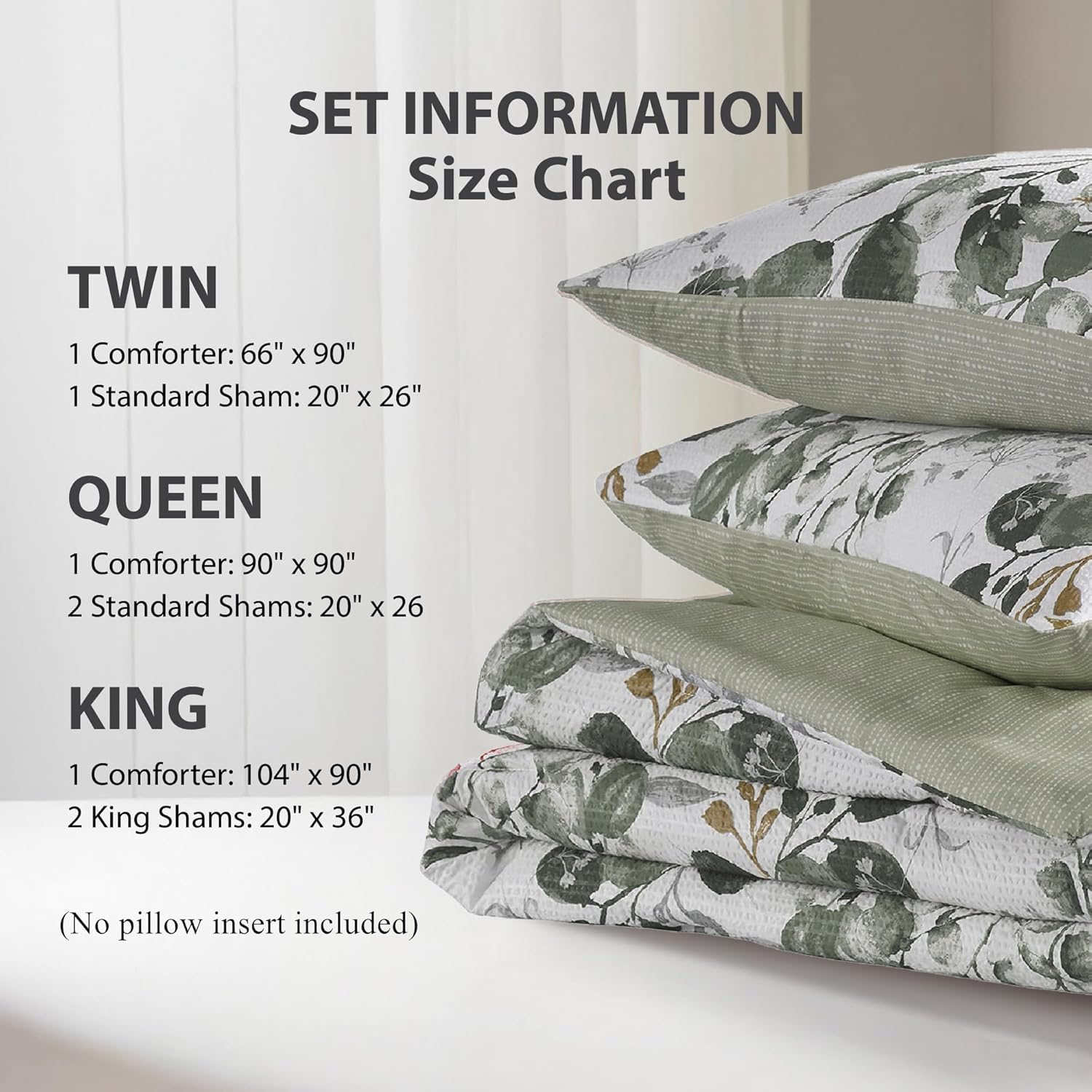 Lightweight Seersucker Botanical Comforter Set Queen Size, 3 Pieces Reversible Design with Striped Print, Premium Microfiber Bedding Set, Comforter and Sham Set, Green - Image 7