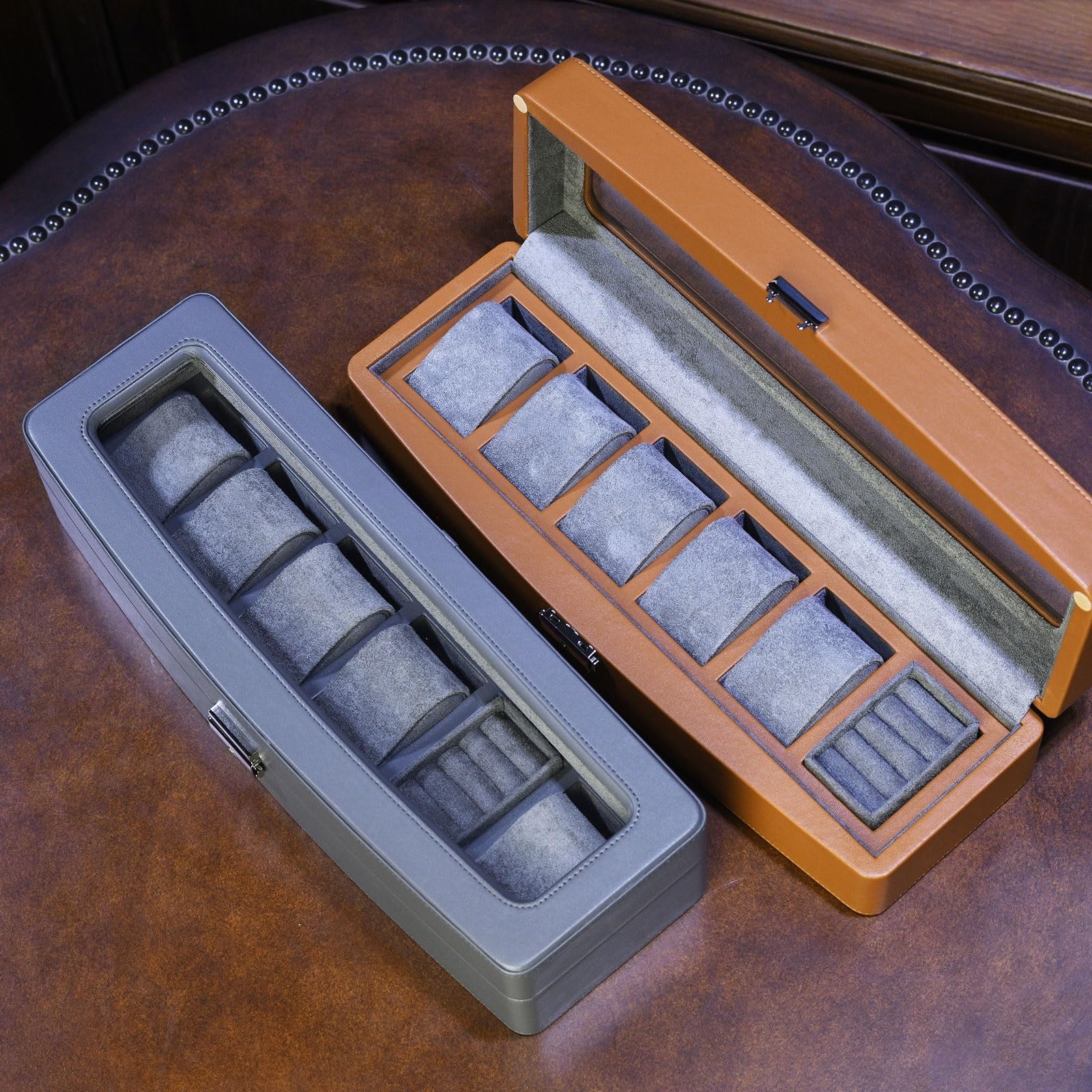 Uhrenbox 6-stellige Uhrensammlungsbox Hochwertiger Uhren-Organizer, Uhrenbox aus Kunstleder Uhren Organizer(Grigio)