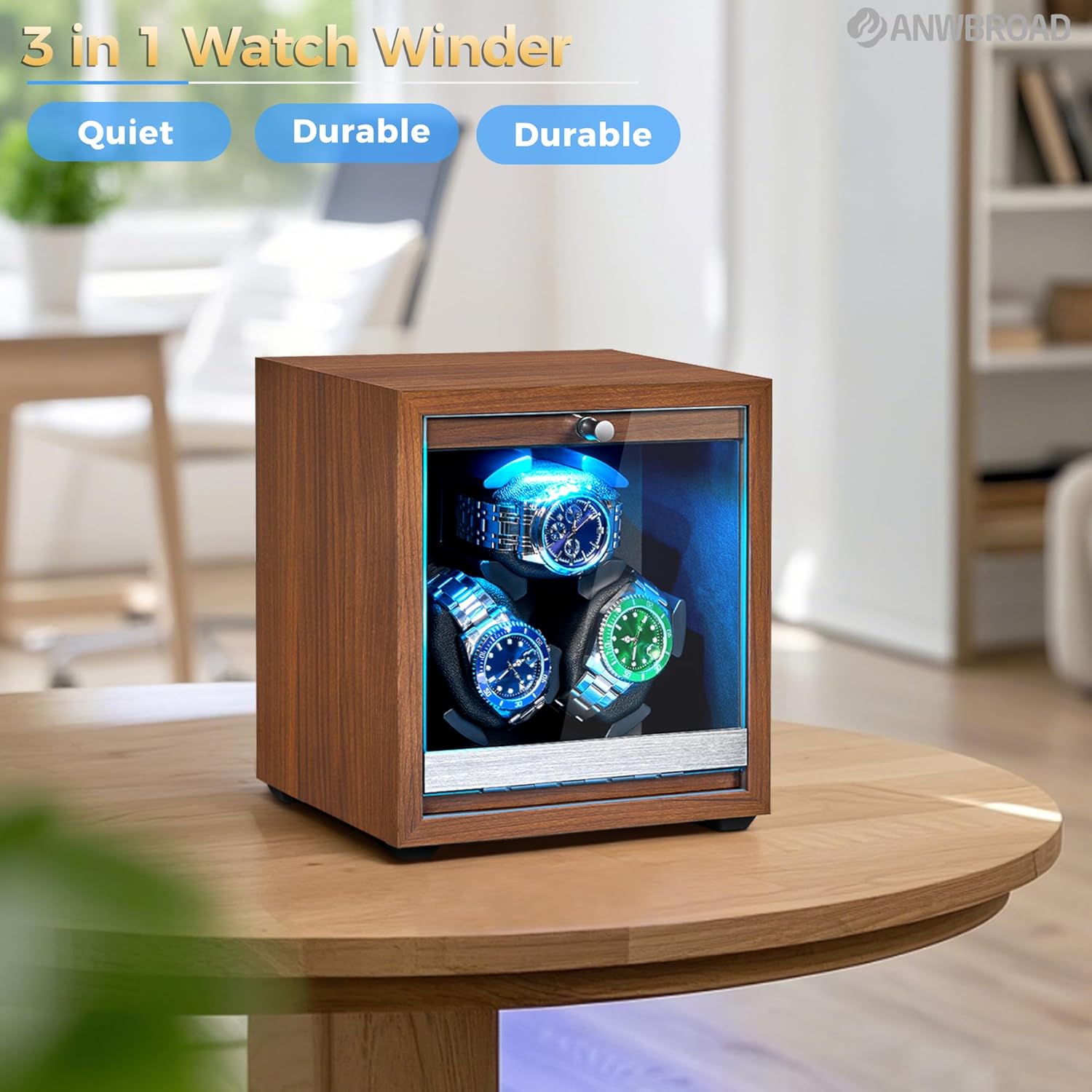 ANWBROAD Watch Winder for Automatic Watches, Wooden 3 Watch Winders, 4 Modes Automatic Watch Winder Box with Quiet Japan Motor, LED Watch Spinner with Foam Pillows, AC Adapter for Man UJWW013M