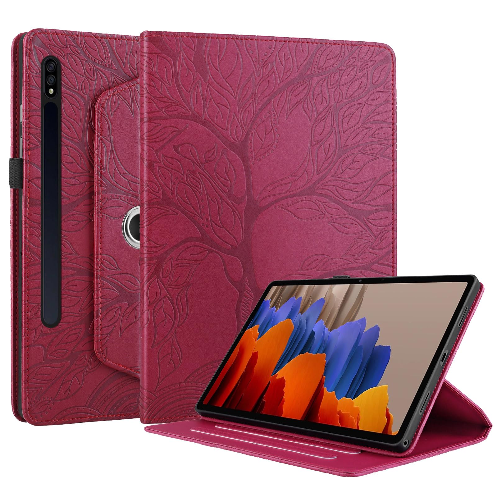 Funda para Samsung Galaxy Tab S9/ S8/ S7 11" (SM-X710/X700/T870) PU Cuero Tablets Protectora Cover 360°Carcasa Giratoria de ángulo Múltiple Stand Función Tablets Funda,Rojo Árboles — view 6