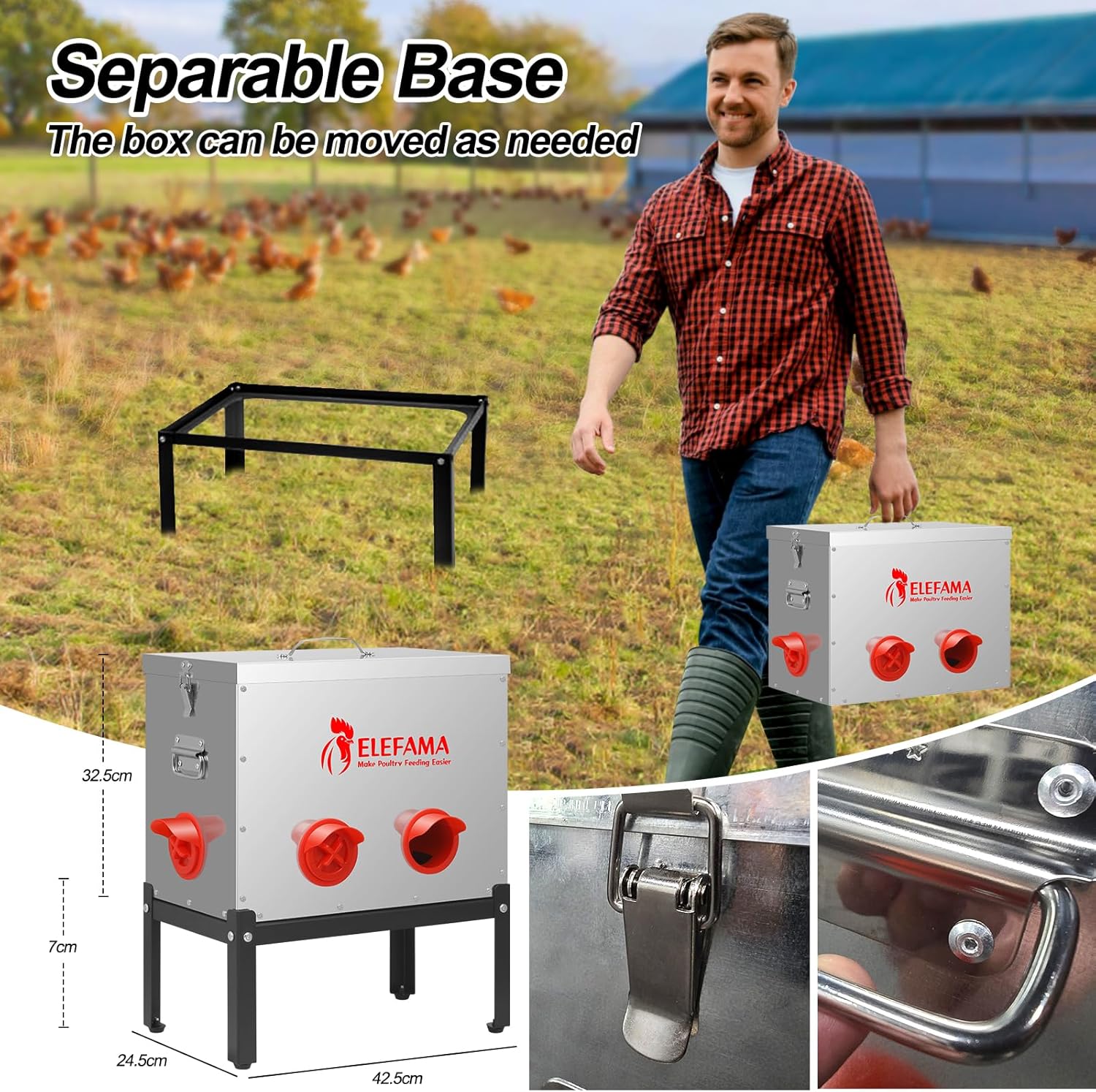 45 LB Automatic Chicken Feeder Metal Kit with Legs Locking Lid 6 Ports Large Poultry Feeder Vegetable Hanging String Bag Leg Rings Duck Chicken Coop Chick Feeder System Food Dispenser No Waste