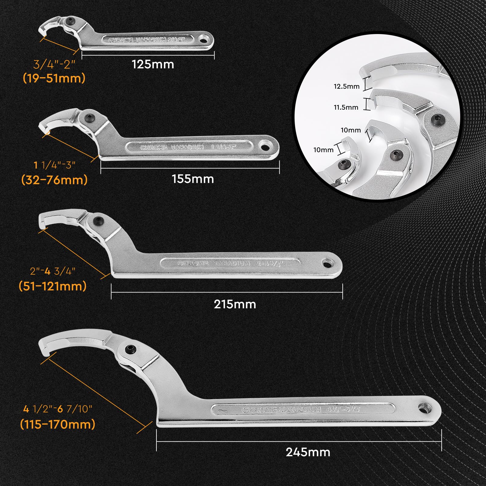 SWAWIS Confezione da 4 Testa Quadrata C Chiave a Gancio Regolabile 19-170mm, Acciaio al Cromo Vanadio, per Ammortizzatori di Motociclette Contatori dell'Acqua Attrezzature Meccaniche
