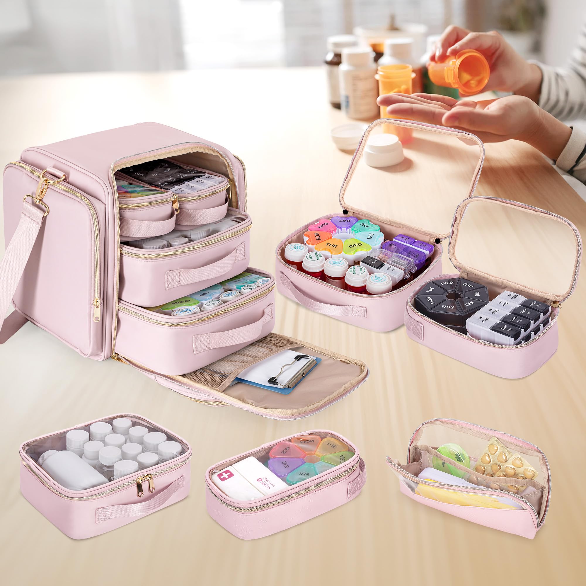 Bolsa de Almacenamiento de Medicamentos con 5 Bolsillos Extraíbles, Bolsa Organizadora de Frascos de Pastillas con Correa, Bolsa de Viaje Grande para Medicamentos y Suministros Médicos, Rosa